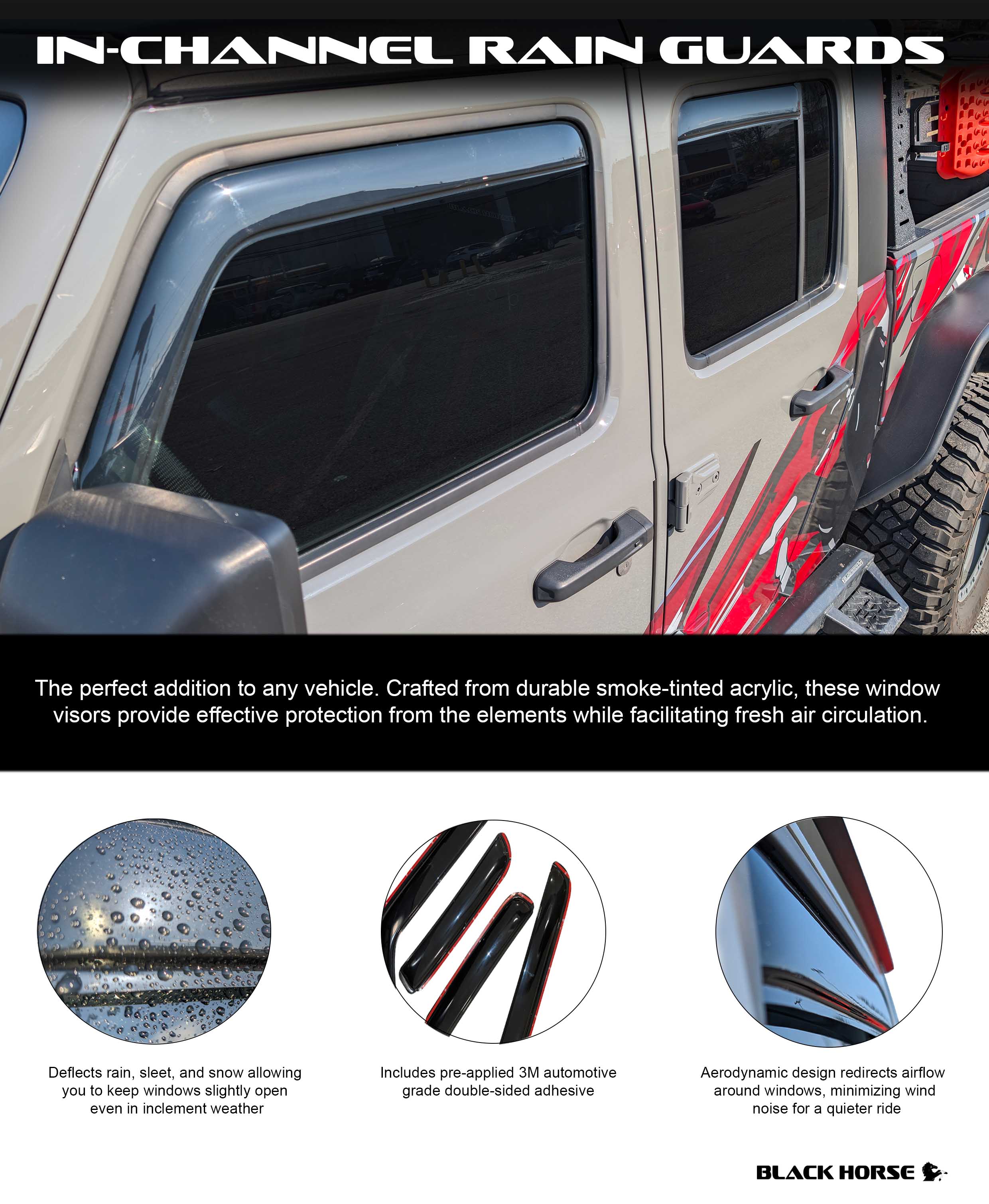 2018-2024 Jeep Wrangler Rain Guards In Channel | Black Horse Off Road - Image 3