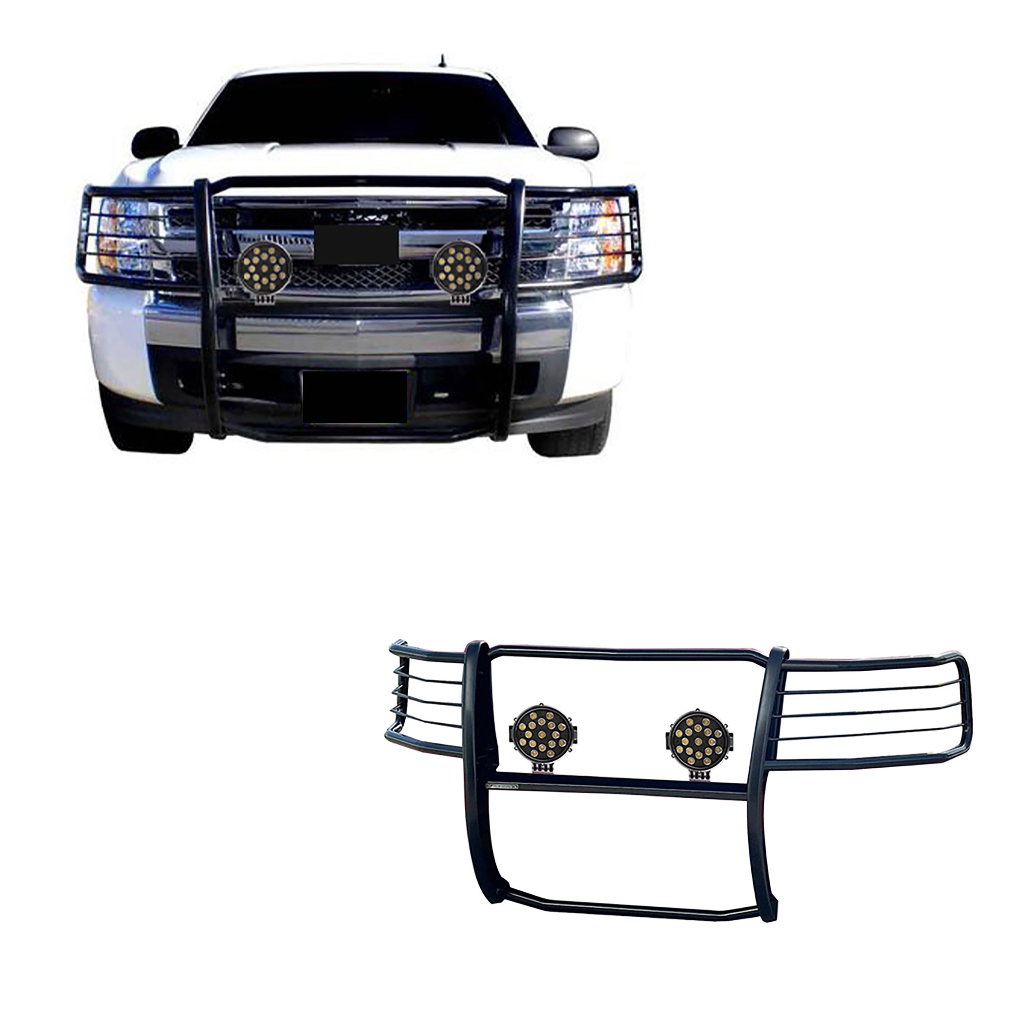 2007-2014 Chevrolet Avalanche Grille Guard Kit Modular Incl. pair of 7.0"Dia. LED Lights w/ Black Trim Rings w/ Wiring Harness and Switch | Black Horse Off Road - Image 1