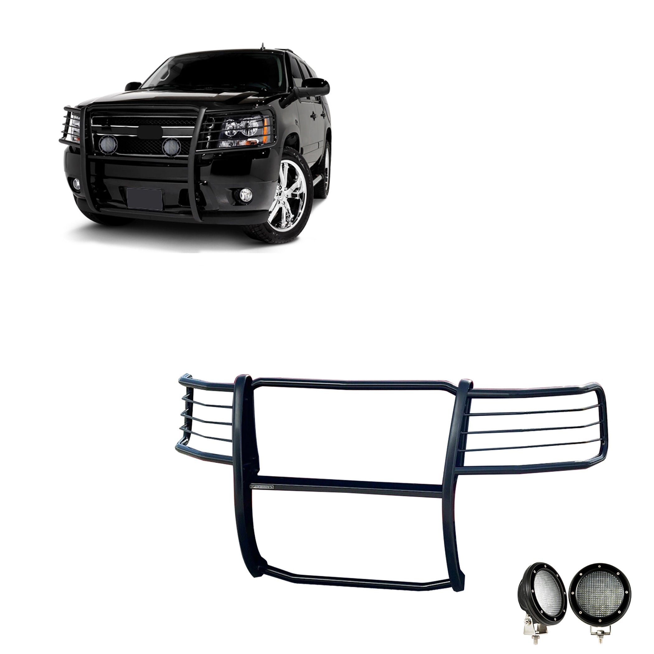 2007-2014 Chevrolet Avalanche Grille Guard Kit Modular Pair of 5.3" Dia. LED Flood Lights w/ Black Trim Rings Wiring Harness and Switch | Black Horse Off Road - Image 1