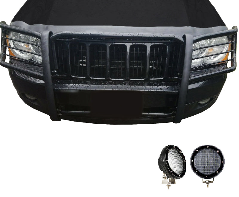 2005-2010 Jeep Grand Cherokee Grille Guard Kit Modular Pair of 5.3" Dia. LED Flood Lights w/ Black Trim Rings Wiring Harness and Switch | Black Horse Off Road - Image 1