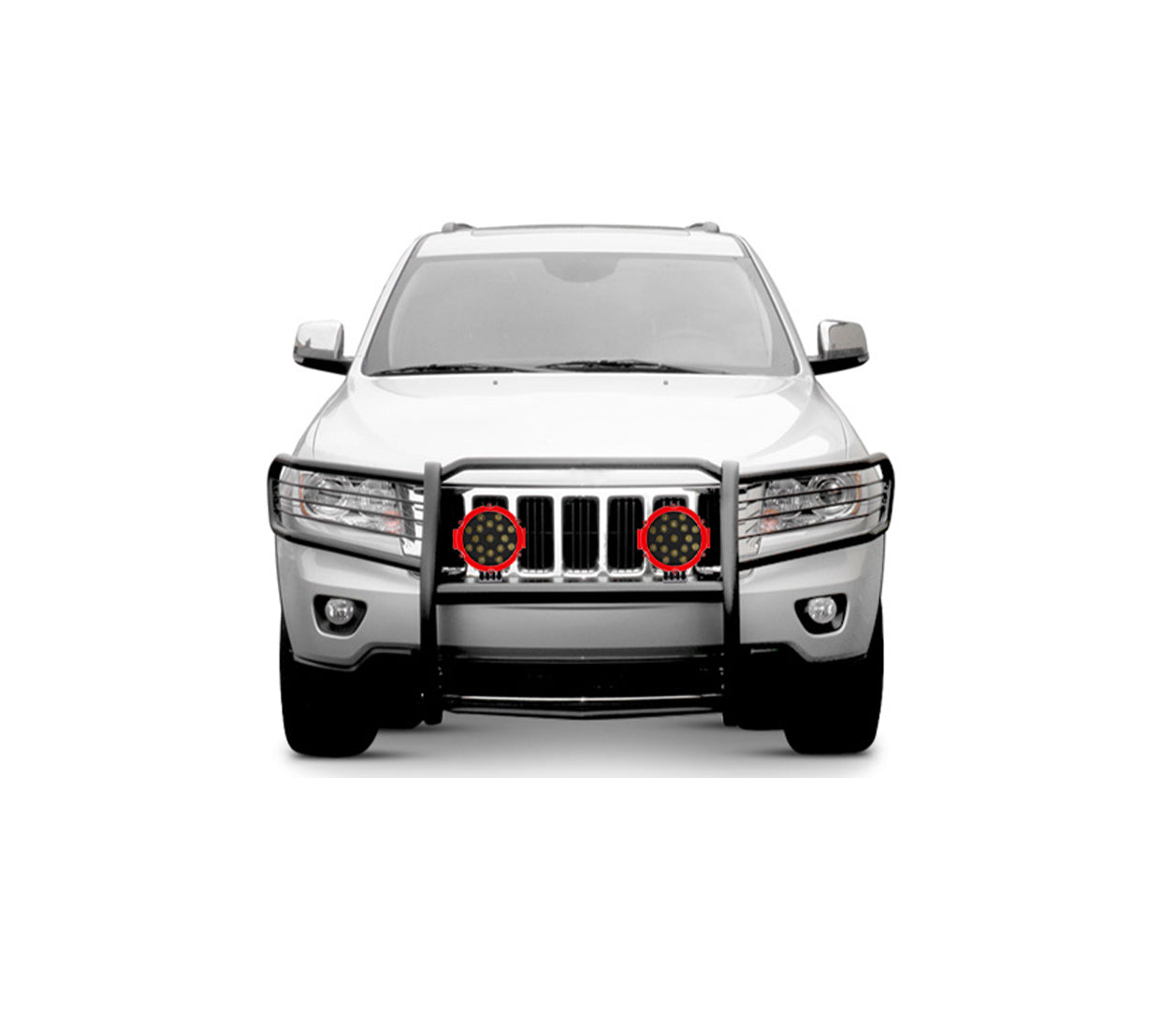 2005-2010 Jeep Grand Cherokee Grille Guard Kit Modular Incl. pair of 7.0"Dia. LED Lights w/Red Trim Rings w/ Wiring Harness and Switch | Black Horse Off Road - Image 5
