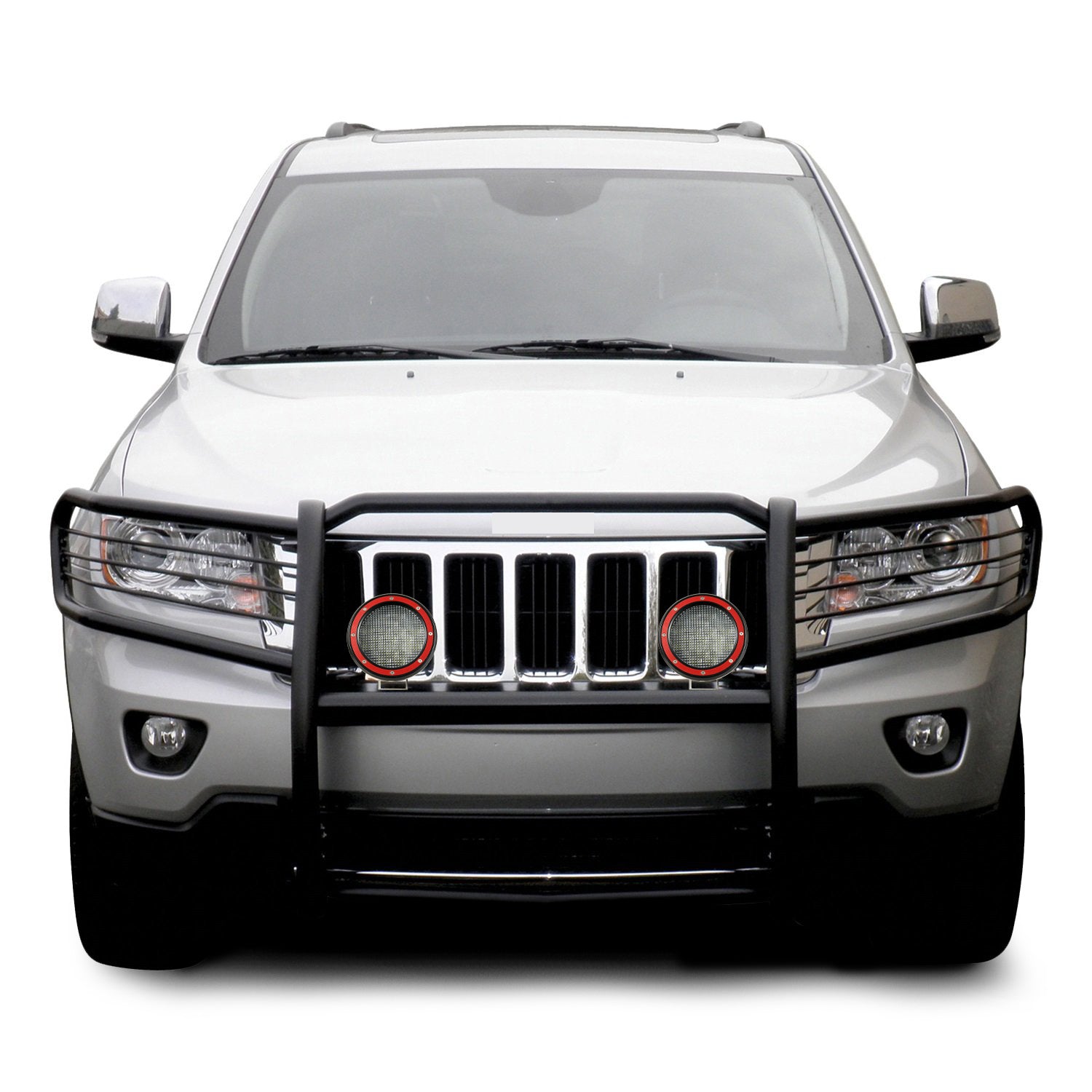 2011-2021 Jeep Grand Cherokee Grille Guard Kit Modular Pair of 5.3" Dia. LED Flood Lights w/ Red Trim Rings Wiring Harness and Switch | Black Horse Off Road - Image 1