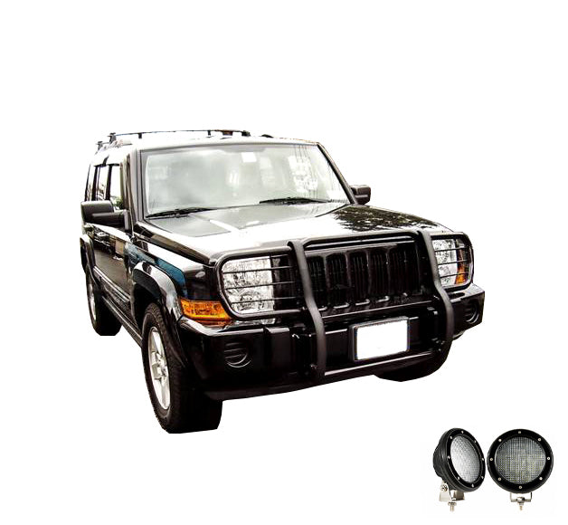 2006-2010 Jeep Commander Grille Guard Kit Modular Pair of 5.3" Dia. LED Flood Lights w/ Black Trim Rings Wiring Harness and Switch | Black Horse Off Road - Image 7
