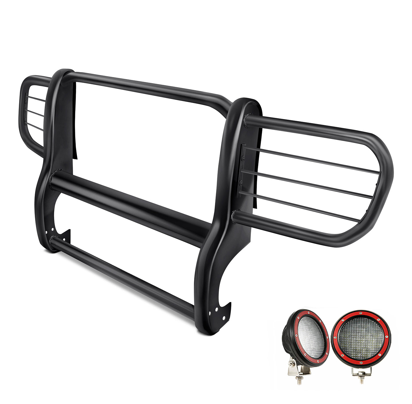 2006-2010 Jeep Commander Grille Guard Kit Modular Pair of 5.3" Dia. LED Flood Lights w/ Red Trim Rings Wiring Harness and Switch | Black Horse Off Road - Image 8