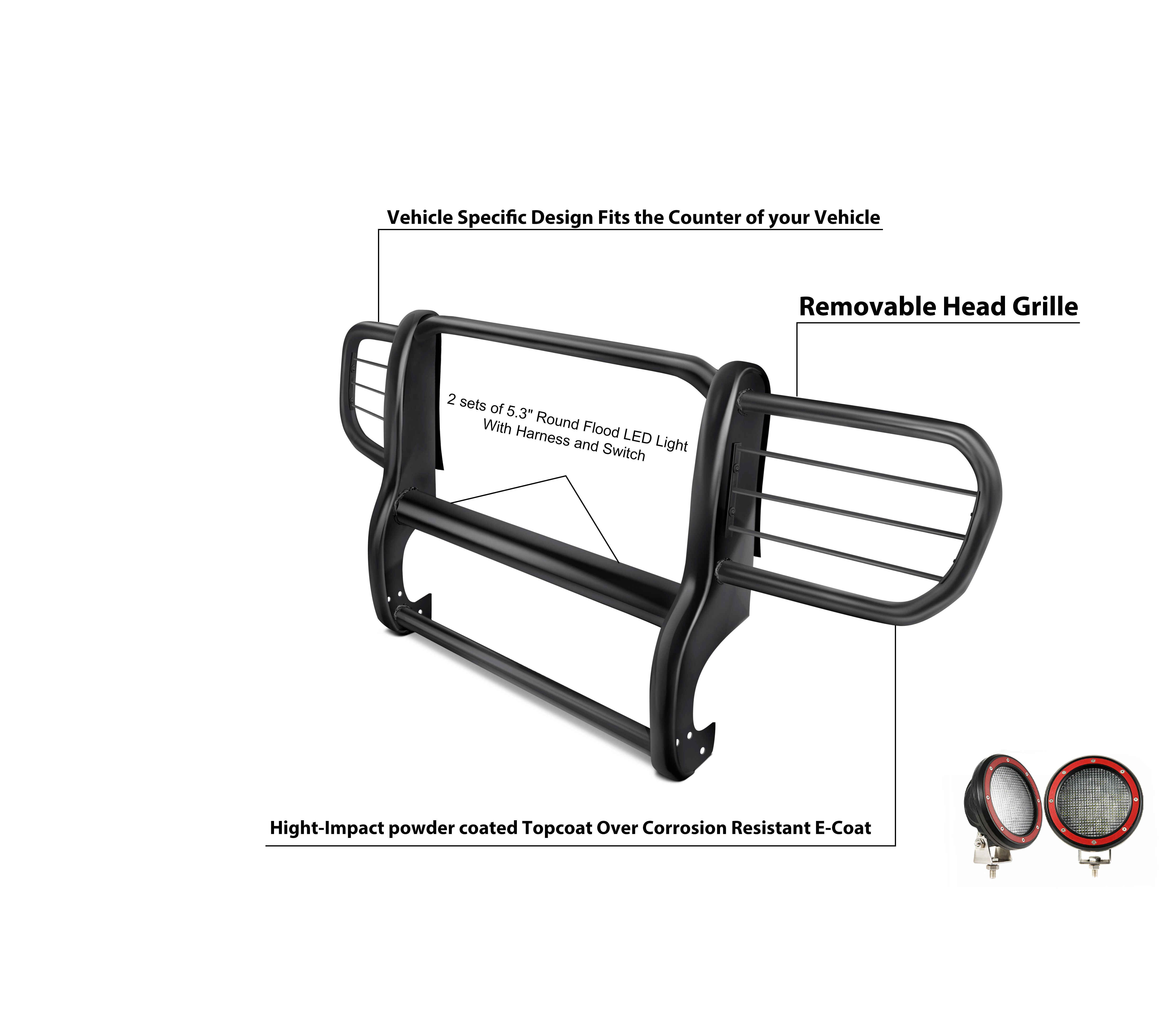 2006-2010 Jeep Commander Grille Guard Kit Modular Pair of 5.3" Dia. LED Flood Lights w/ Red Trim Rings Wiring Harness and Switch | Black Horse Off Road - Image 9