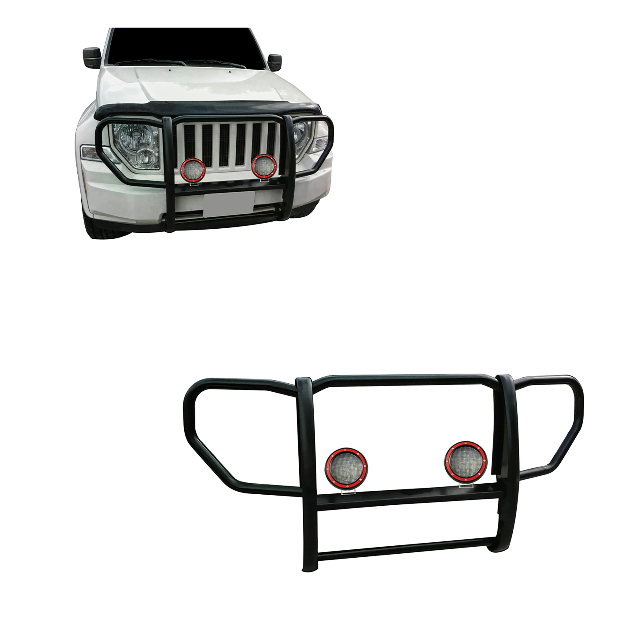 2008-2012 Jeep Liberty Grille Guard Kit 1-Piece Pair of 5.3" Dia. LED Flood Lights w/ Red Trim Rings Wiring Harness and Switch | Black Horse Off Road - Image 1