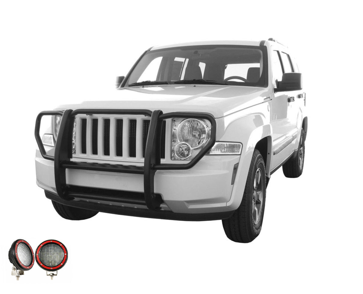 2008-2012 Jeep Liberty Grille Guard Kit 1-Piece Pair of 5.3" Dia. LED Flood Lights w/ Red Trim Rings Wiring Harness and Switch | Black Horse Off Road - Image 8