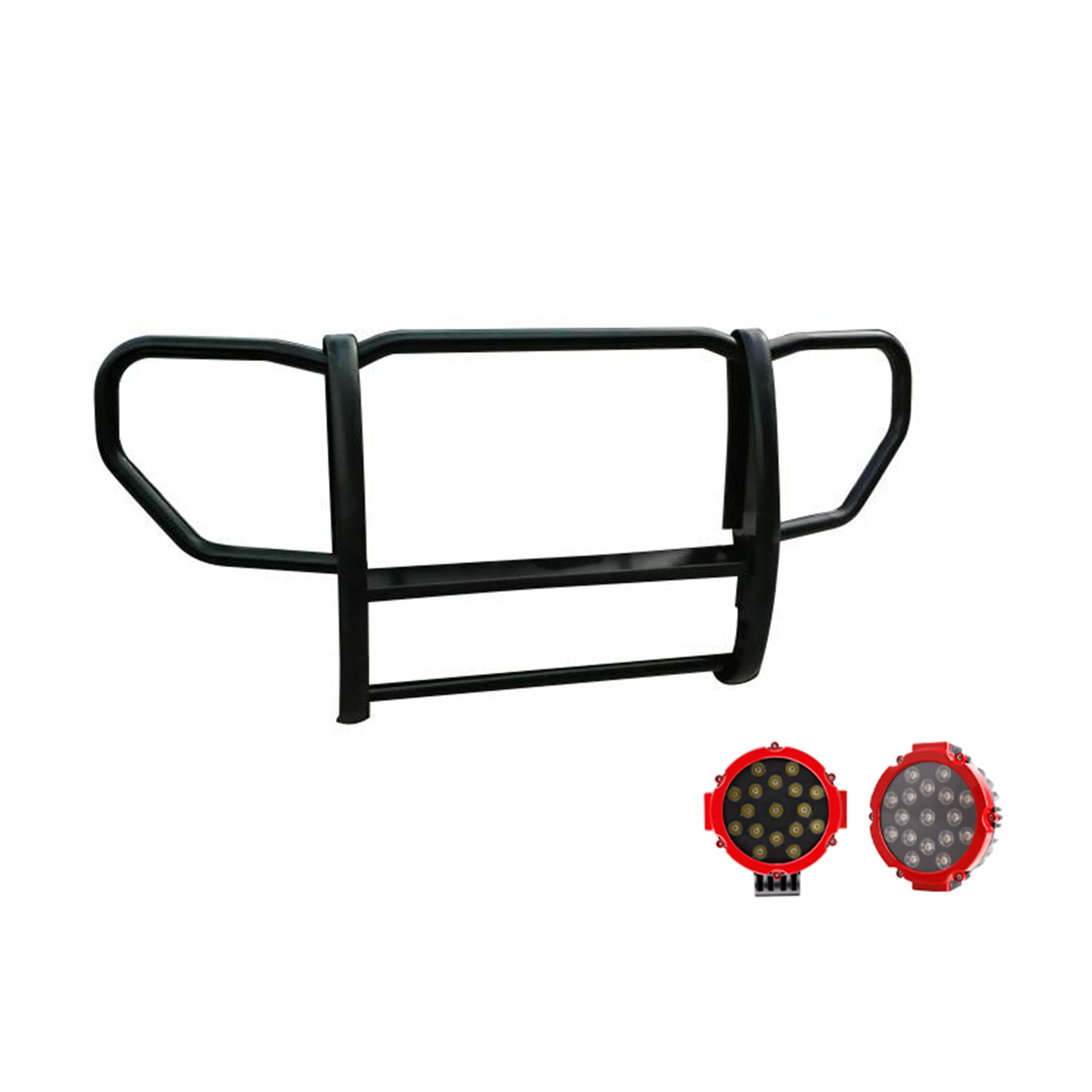 2008-2012 Jeep Liberty Grille Guard Kit 1-Piece Incl. pair of 7.0"Dia. LED Lights w/Red Trim Rings w/ Wiring Harness and Switch | Black Horse Off Road - Image 4