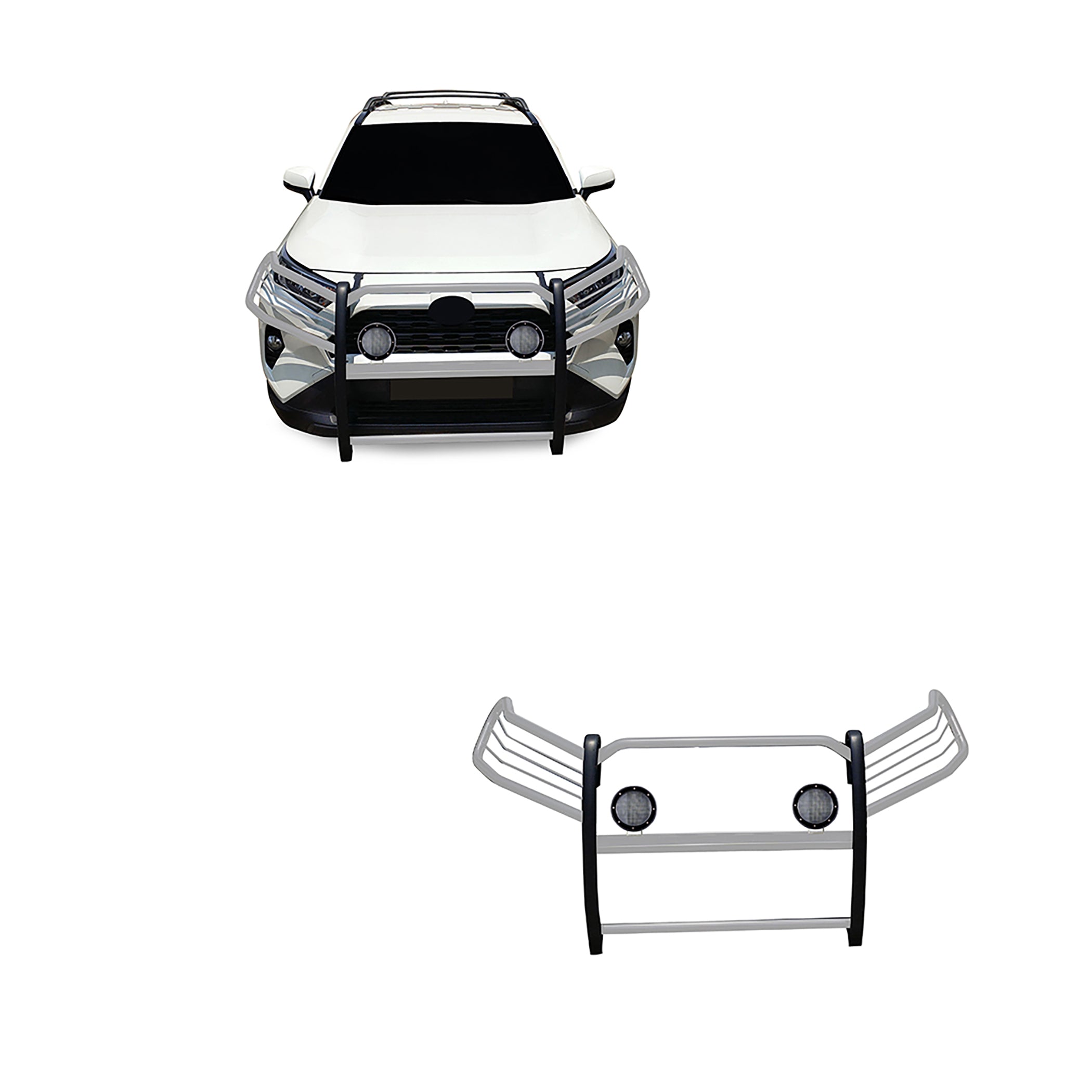 2019-2024 Toyota Rav4 Grille Guard Kit Modular Pair of 5.3" Dia. LED Flood Lights w/ Black Trim Rings Wiring Harness and Switch | Black Horse Off Road - Image 1