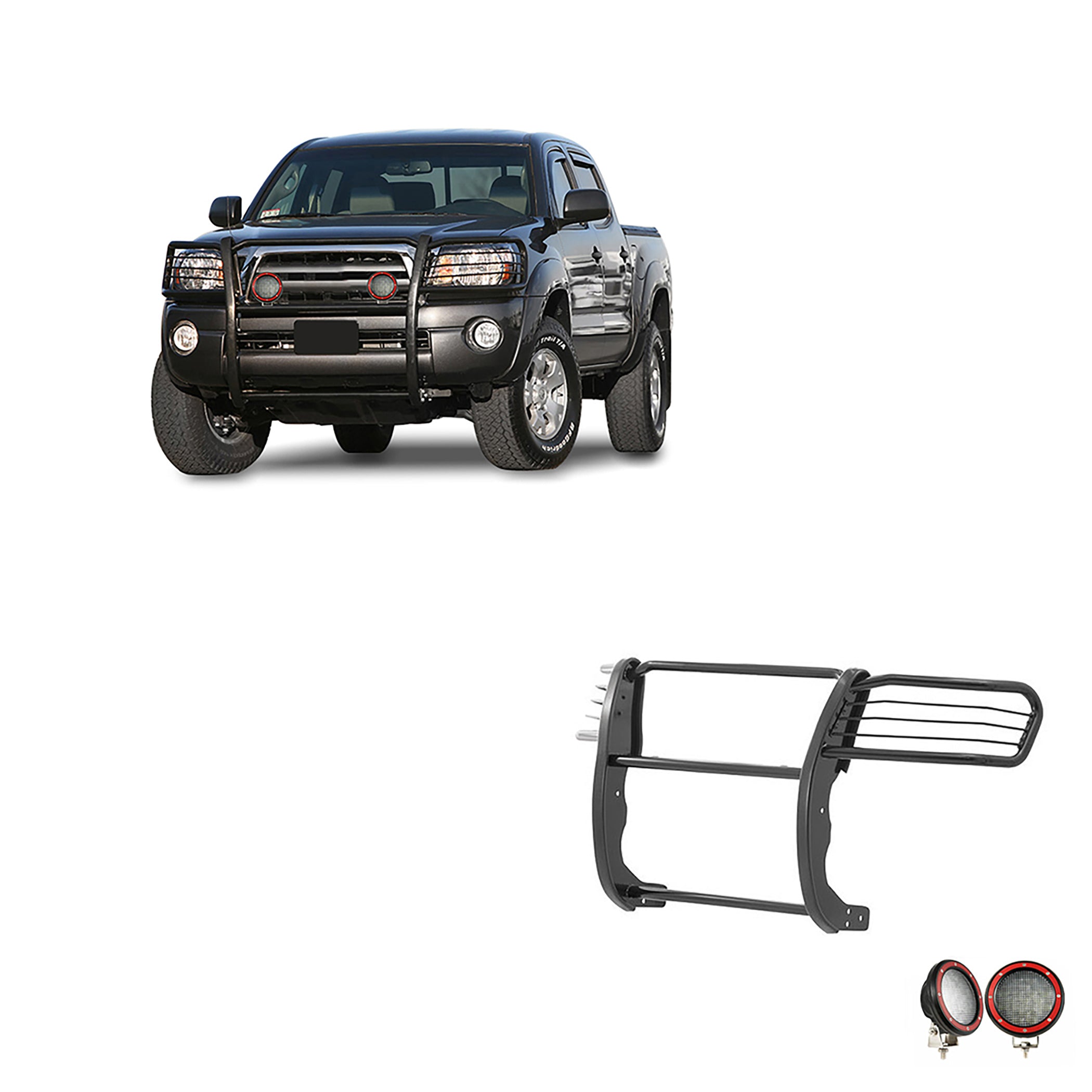 2005-2015 Toyota Tacoma Grille Guard Kit Modular Pair of 5.3" Dia. LED Flood Lights w/ Red Trim Rings Wiring Harness and Switch | Black Horse Off Road - Image 1