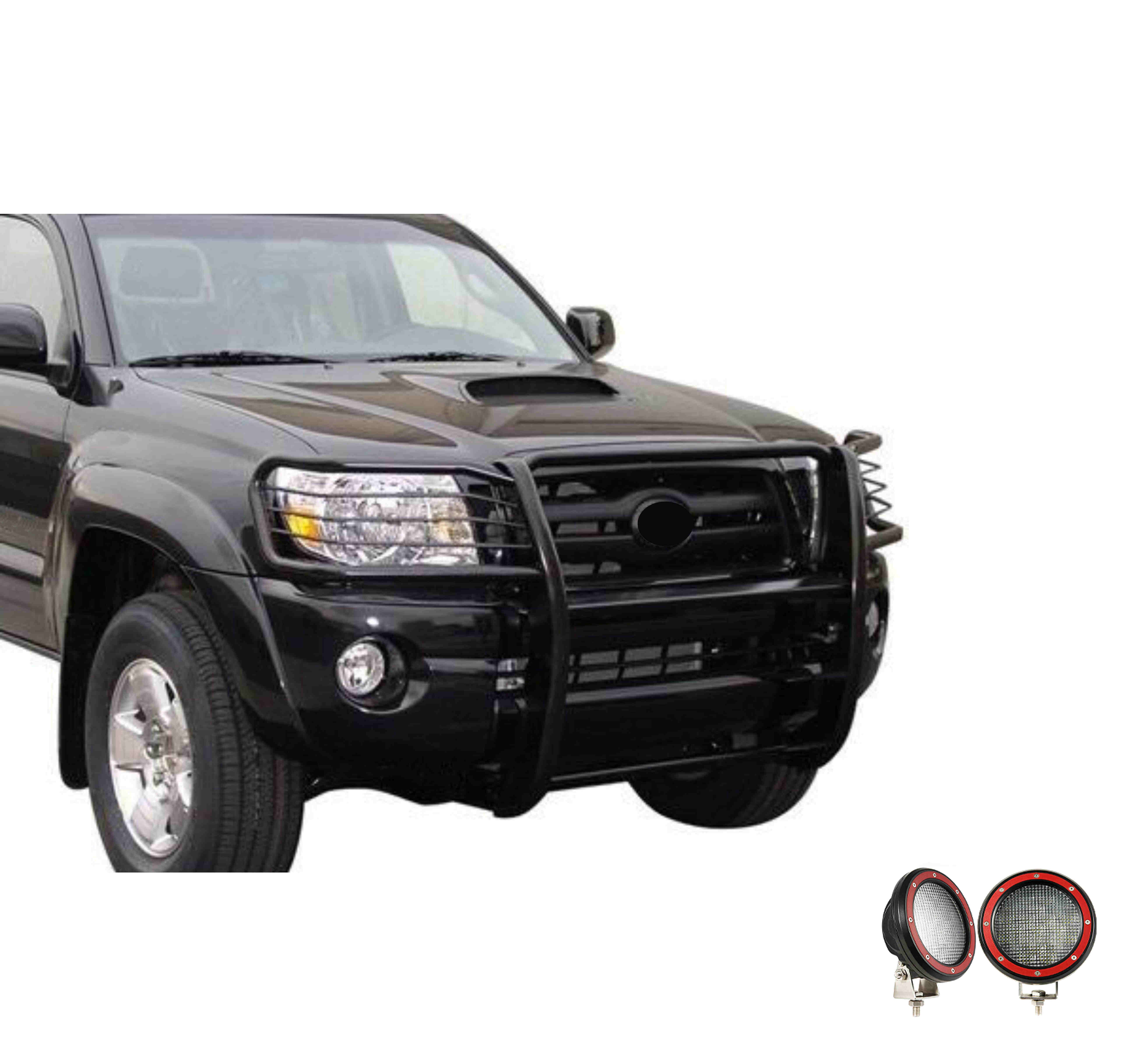 2005-2015 Toyota Tacoma Grille Guard Kit Modular Pair of 5.3" Dia. LED Flood Lights w/ Red Trim Rings Wiring Harness and Switch | Black Horse Off Road - Image 9