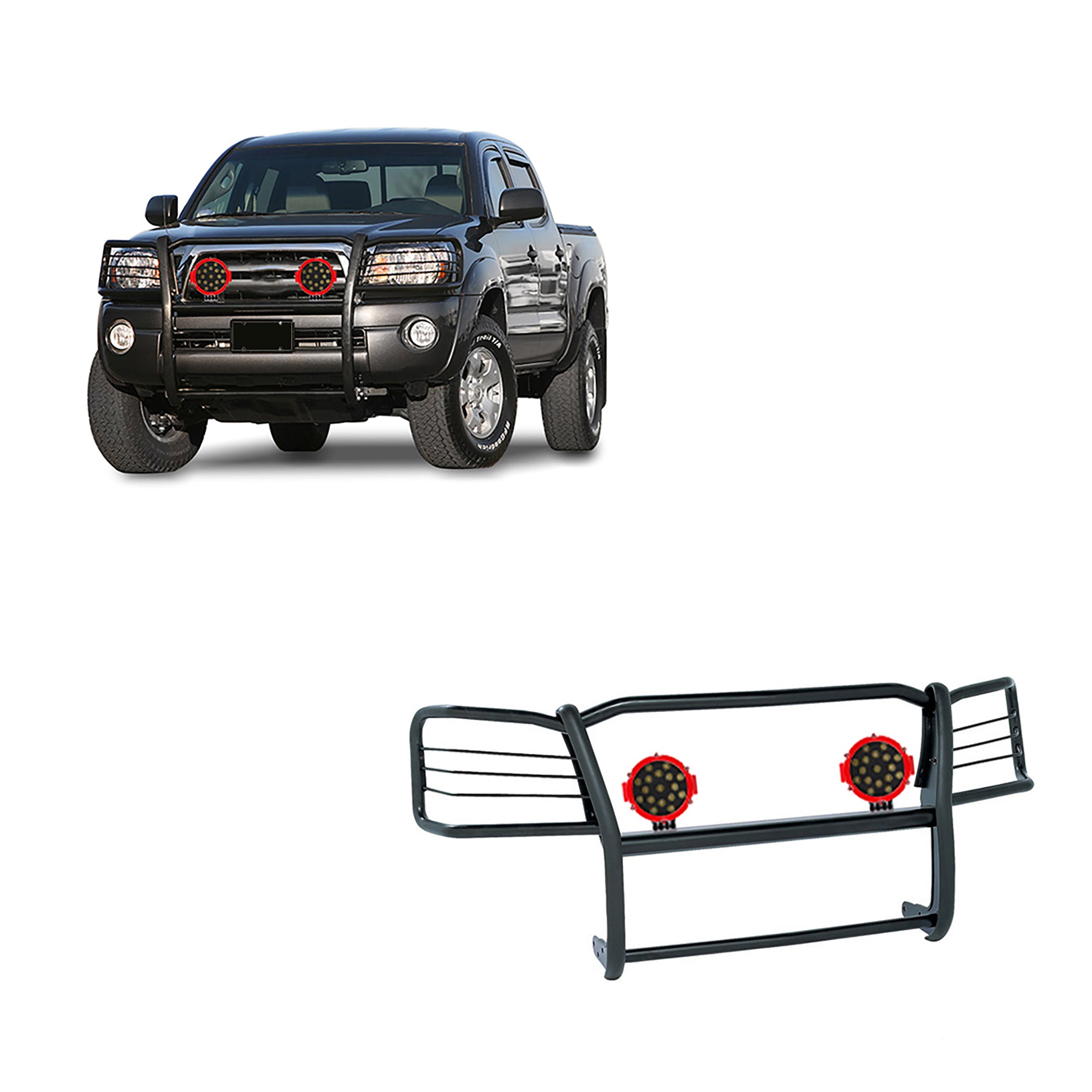 2005-2015 Toyota Tacoma Grille Guard Kit Modular Incl. pair of 7.0"Dia. LED Lights w/Red Trim Rings w/ Wiring Harness and Switch | Black Horse Off Road - Image 1