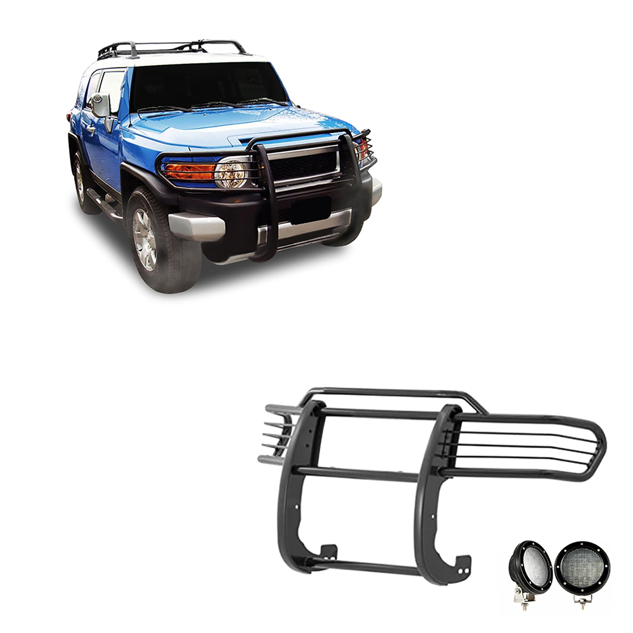 2007-2014 Toyota Fj Cruiser Grille Guard Kit Modular Pair of 5.3" Dia. LED Flood Lights w/ Black Trim Rings Wiring Harness and Switch | Black Horse Off Road - Image 1