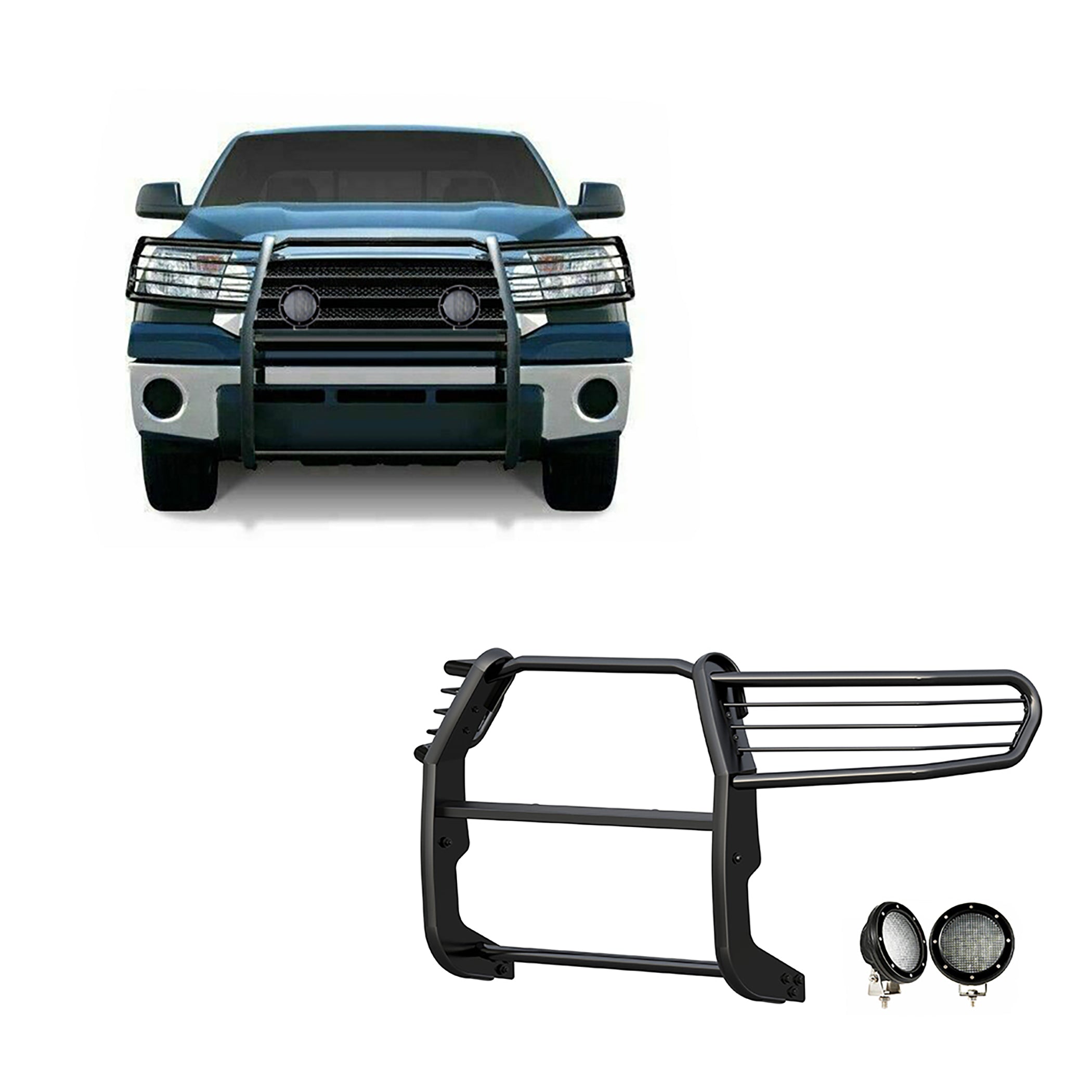 2007-2022 Toyota Sequoia Grille Guard Kit Modular Pair of 5.3" Dia. LED Flood Lights w/ Black Trim Rings Wiring Harness and Switch | Black Horse Off Road - Image 1