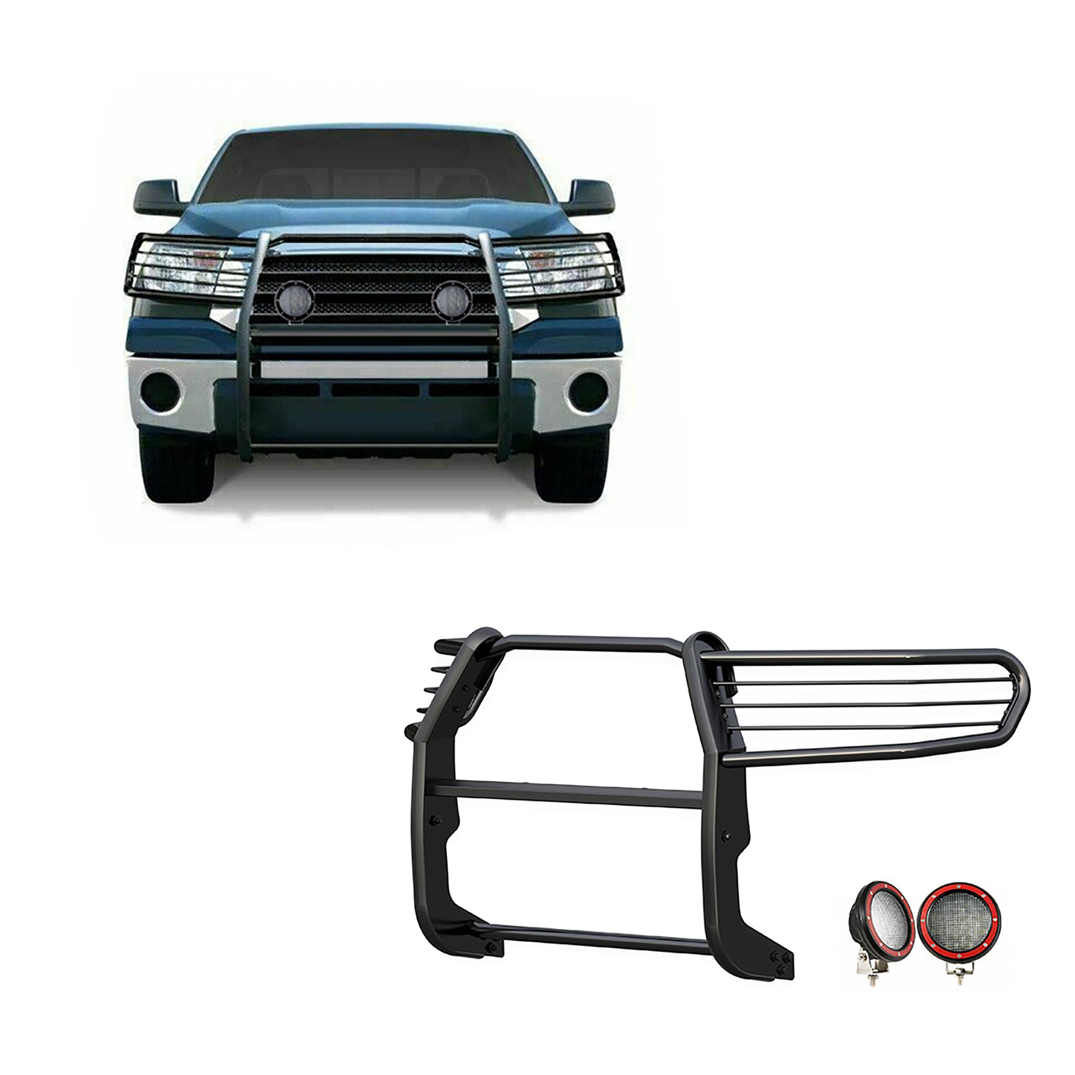 2007-2022 Toyota Sequoia Grille Guard Kit Modular Pair of 5.3" Dia. LED Flood Lights w/ Red Trim Rings Wiring Harness and Switch | Black Horse Off Road - Image 1