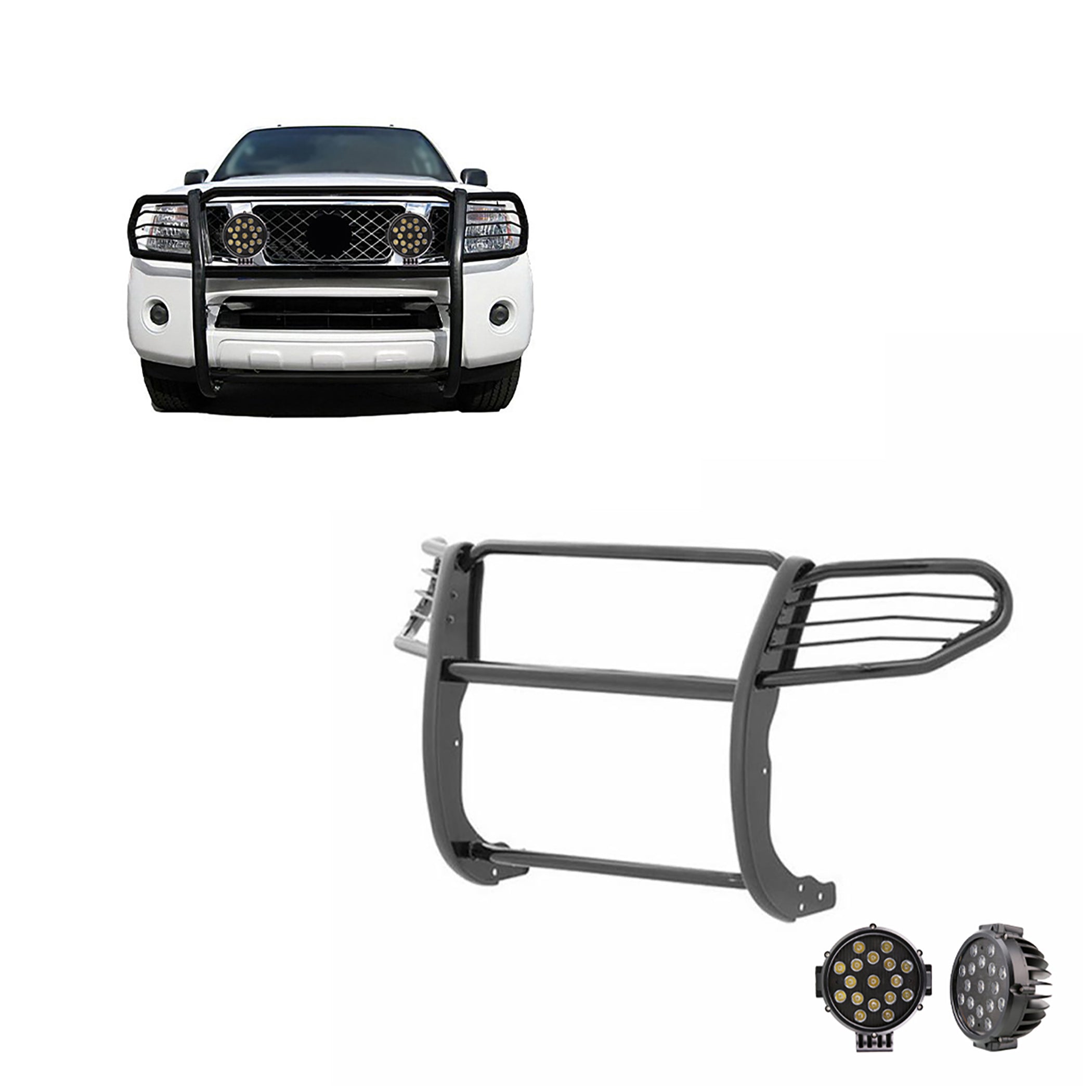 2005-2021 Nissan Frontier Grille Guard Kit Modular Incl. pair of 7.0"Dia. LED Lights w/ Black Trim Rings w/ Wiring Harness and Switch | Black Horse Off Road - Image 1