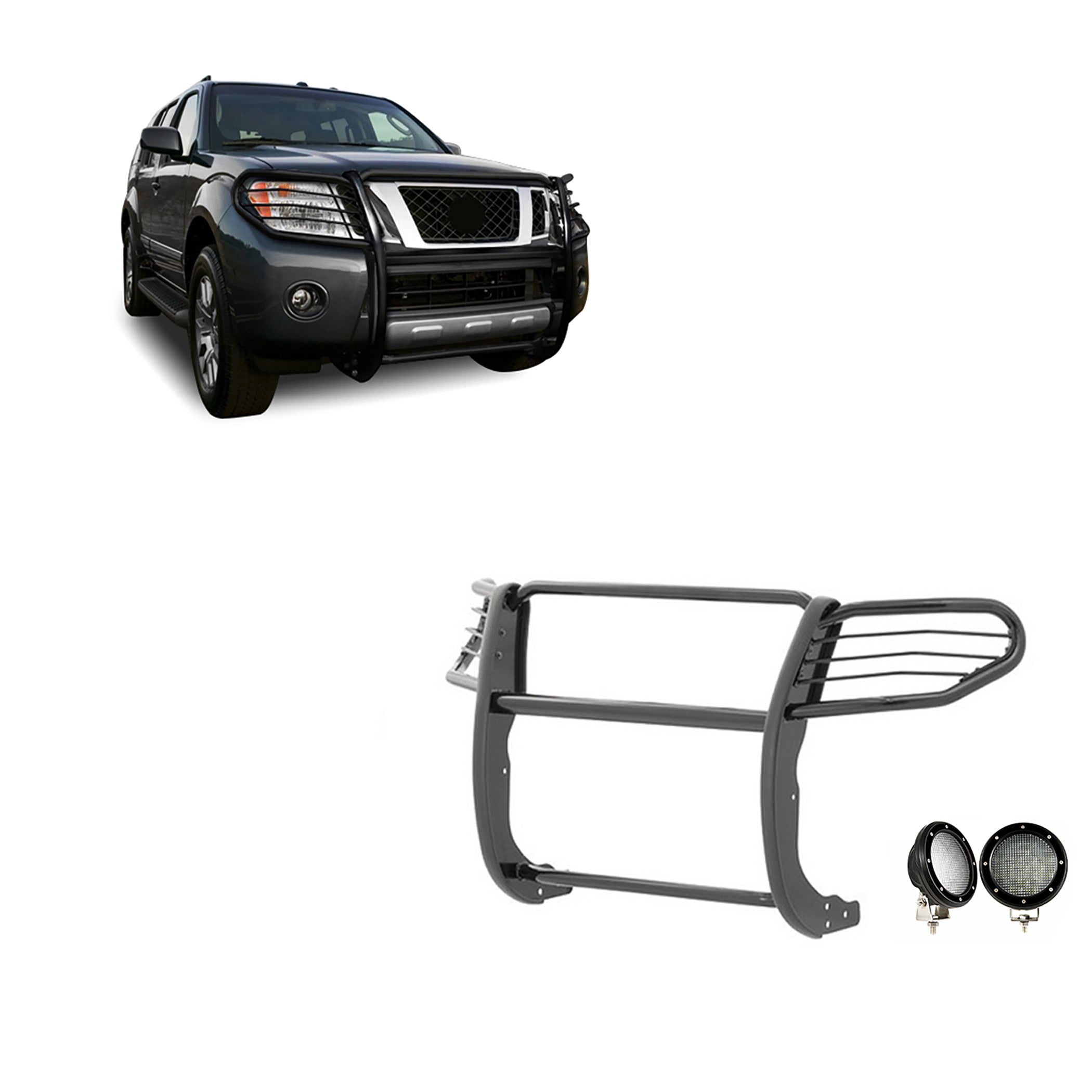 2005-2021 Nissan Frontier Grille Guard Kit Modular Pair of 5.3" Dia. LED Flood Lights w/ Black Trim Rings Wiring Harness and Switch | Black Horse Off Road - Image 1