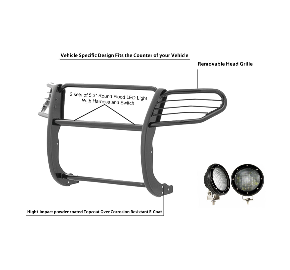 2005-2021 Nissan Frontier Grille Guard Kit Modular Pair of 5.3" Dia. LED Flood Lights w/ Black Trim Rings Wiring Harness and Switch | Black Horse Off Road - Image 9
