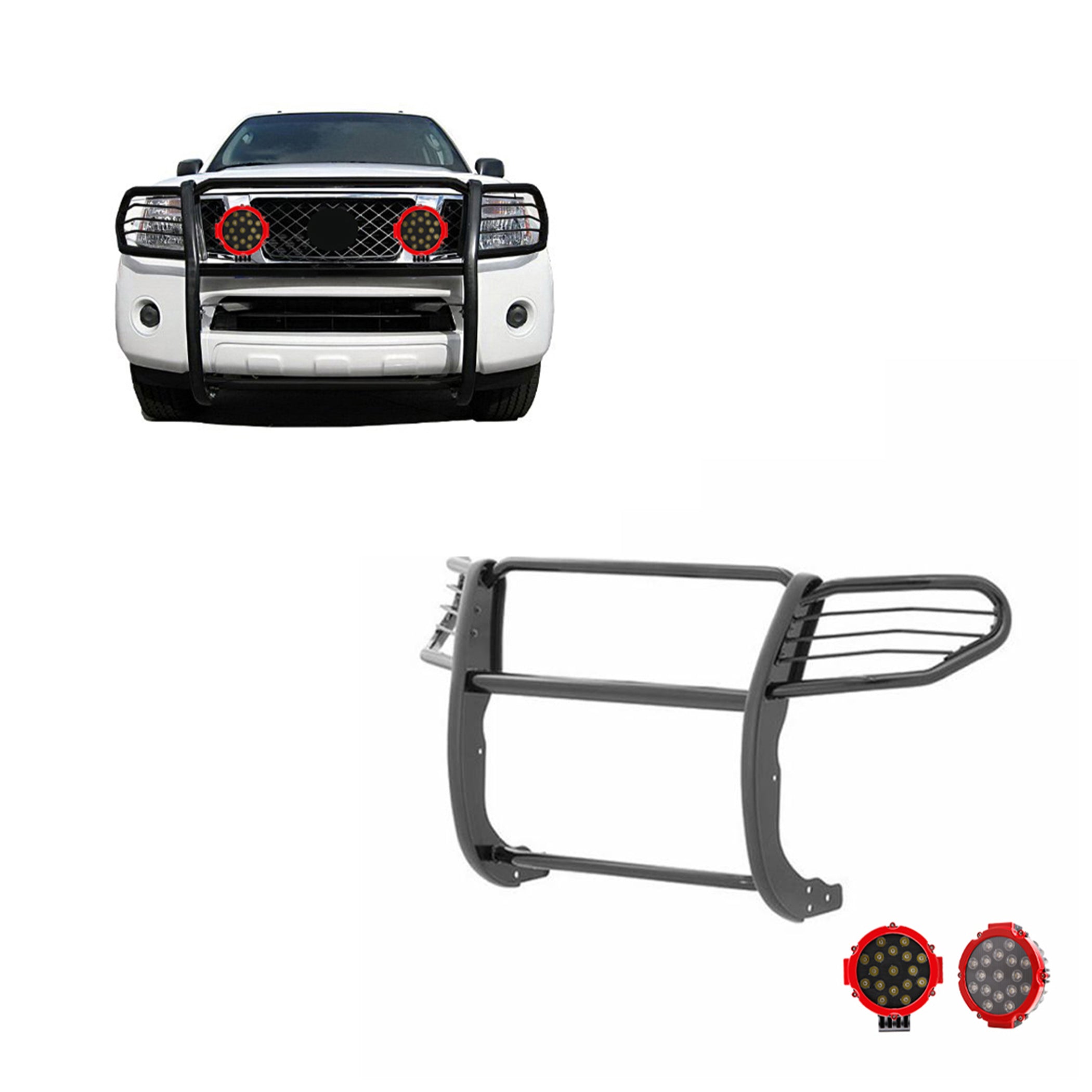 2005-2021 Nissan Frontier Grille Guard Kit Modular Incl. pair of 7.0"Dia. LED Lights w/Red Trim Rings w/ Wiring Harness and Switch | Black Horse Off Road - Image 1