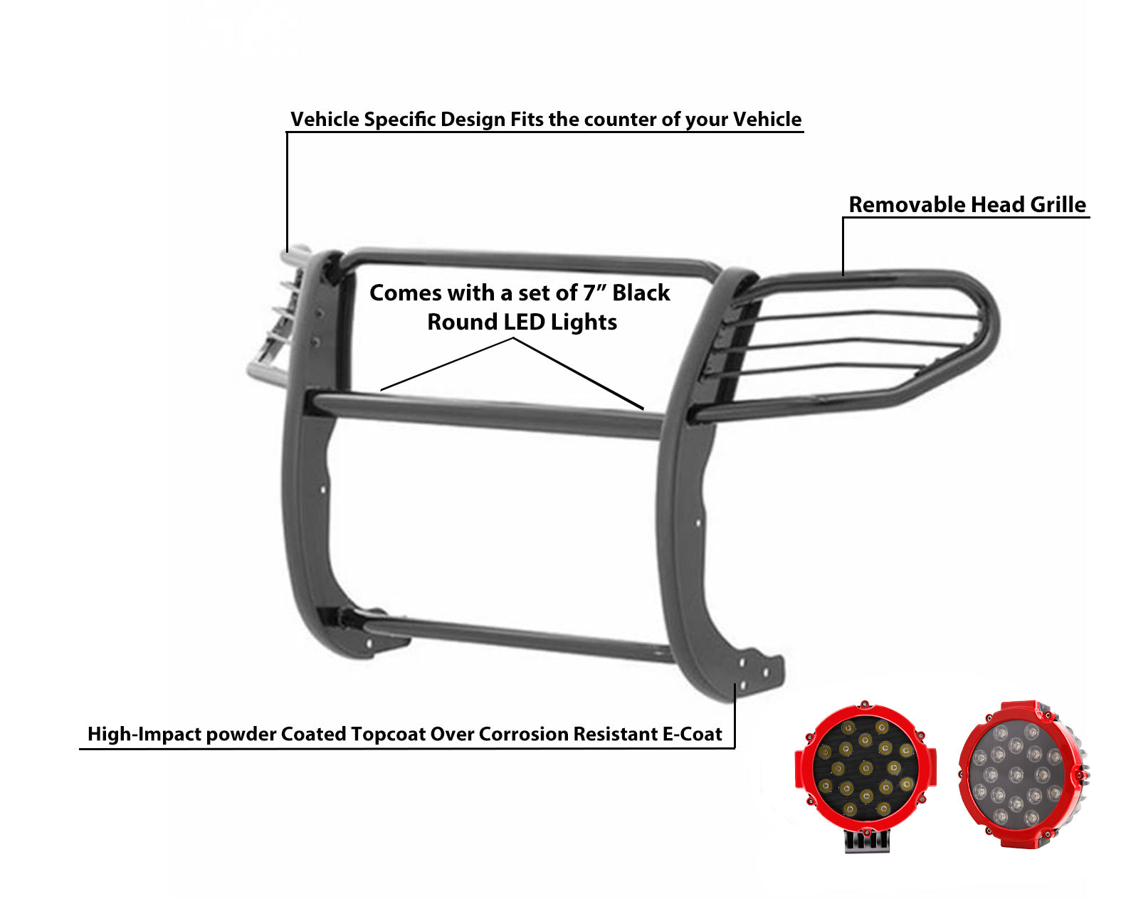 2005-2021 Nissan Frontier Grille Guard Kit Modular Incl. pair of 7.0"Dia. LED Lights w/Red Trim Rings w/ Wiring Harness and Switch | Black Horse Off Road - Image 10