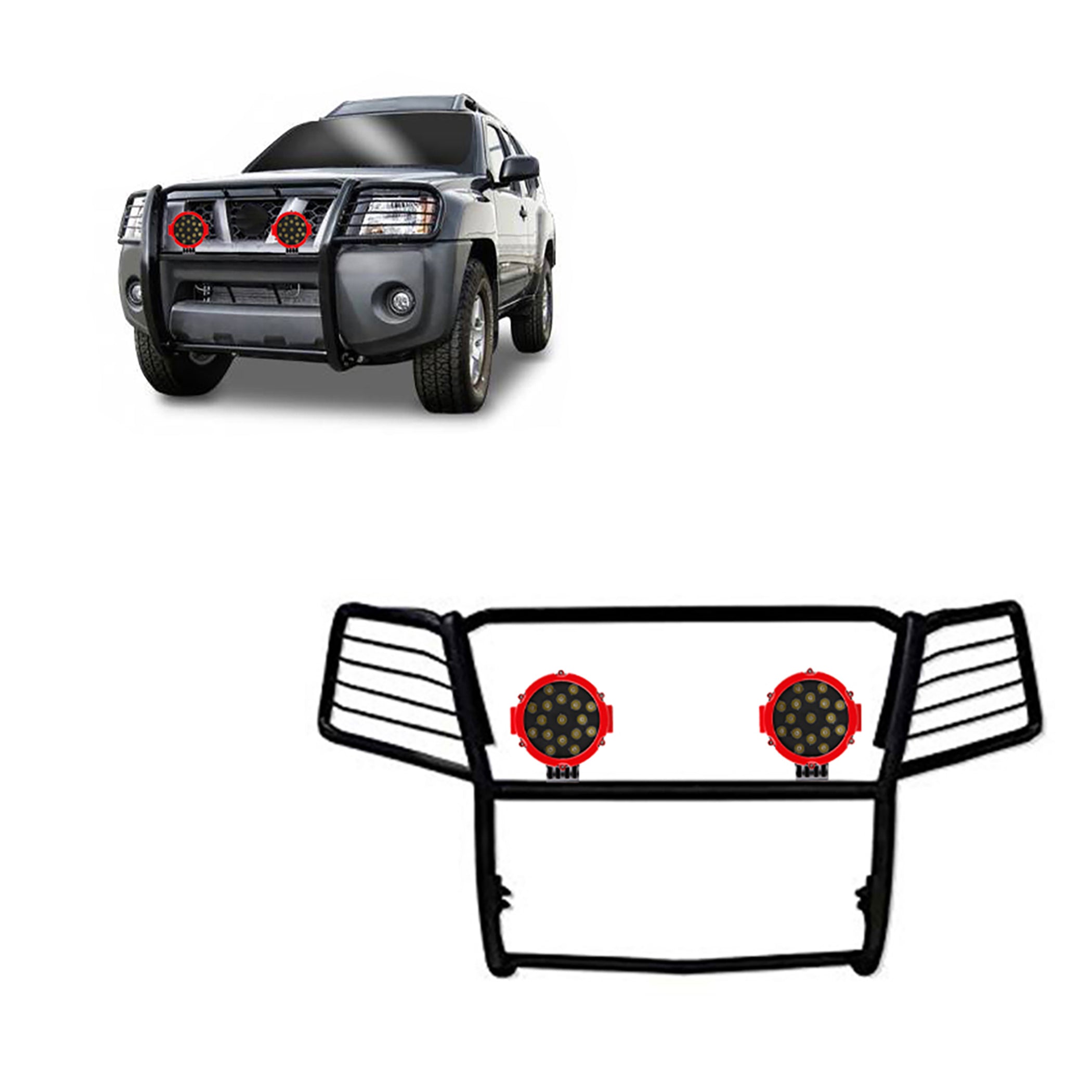 2005-2015 Nissan Xterra Grille Guard Kit Modular Incl. pair of 7.0"Dia. LED Lights w/Red Trim Rings w/ Wiring Harness and Switch | Black Horse Off Road - Image 1