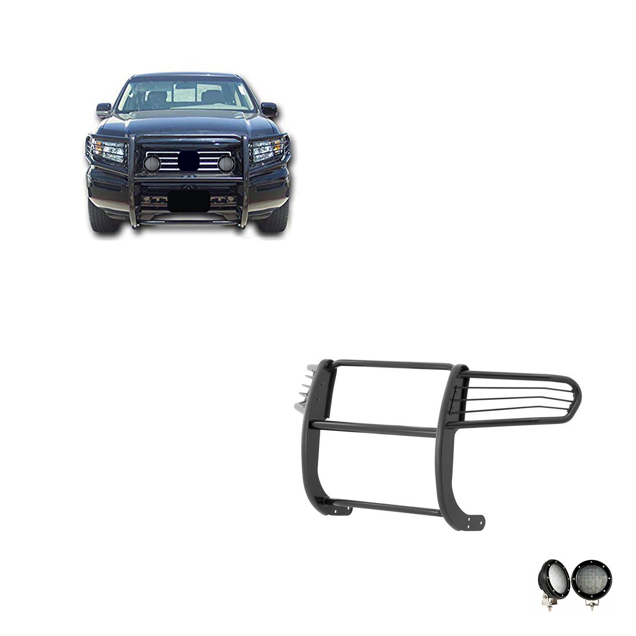 2006-2014 Honda Ridgeline Grille Guard Kit Modular Pair of 5.3" Dia. LED Flood Lights w/ Black Trim Rings Wiring Harness and Switch | Black Horse Off Road - Image 1