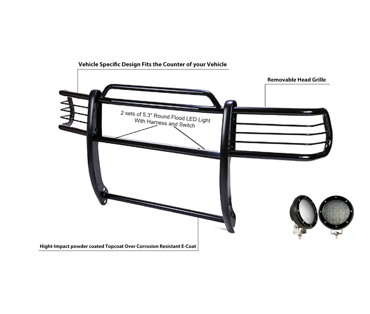 1997-2004 Dodge Ram Dakota Grille Guard Kit Modular Pair of 5.3" Dia. LED Flood Lights w/ Black Trim Rings Wiring Harness and Switch | Black Horse Off Road - Image 9