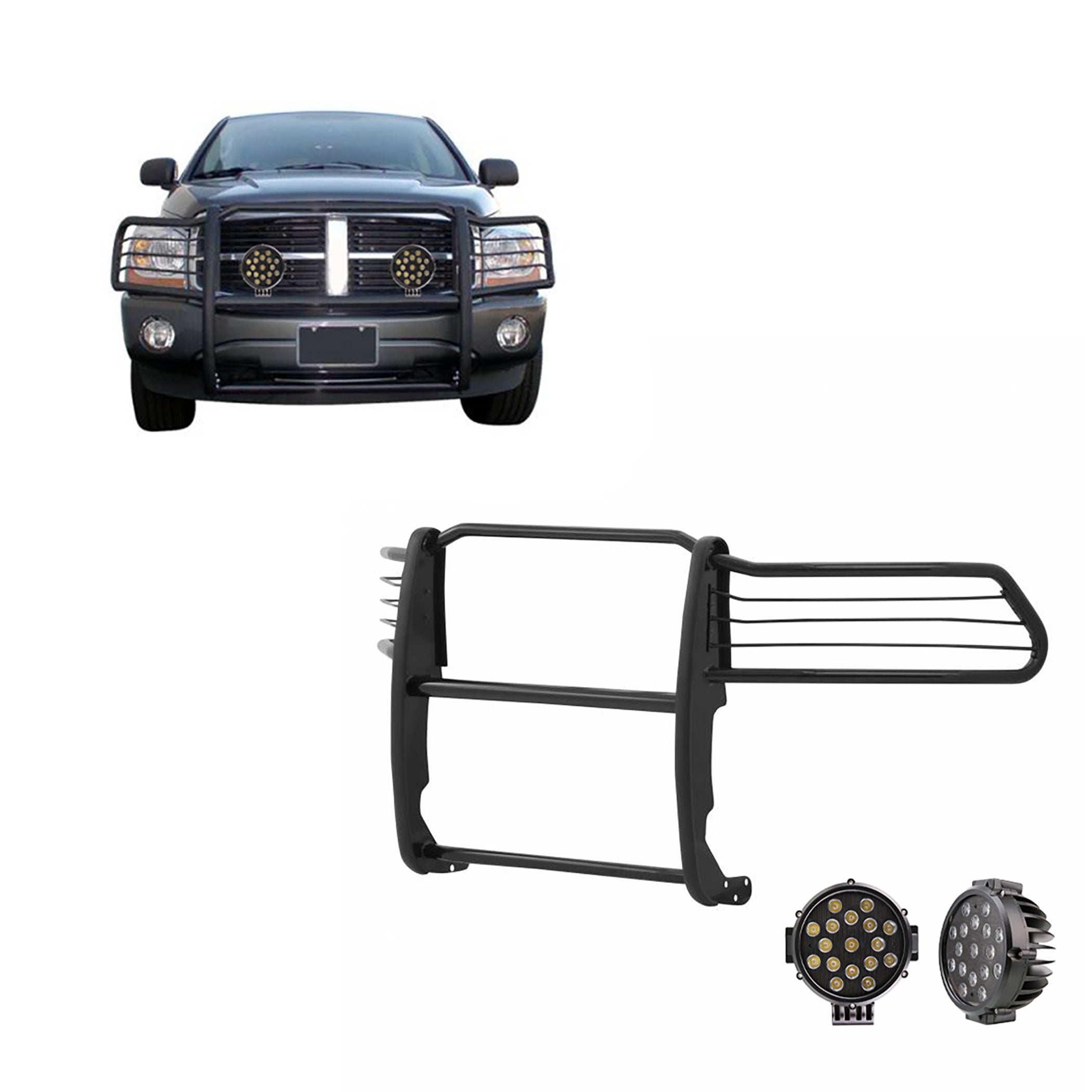 1994-2002 Dodge Ram Ram 1500 Grille Guard Kit Modular Incl. pair of 7.0"Dia. LED Lights w/ Black Trim Rings w/ Wiring Harness and Switch | Black Horse Off Road - Image 1