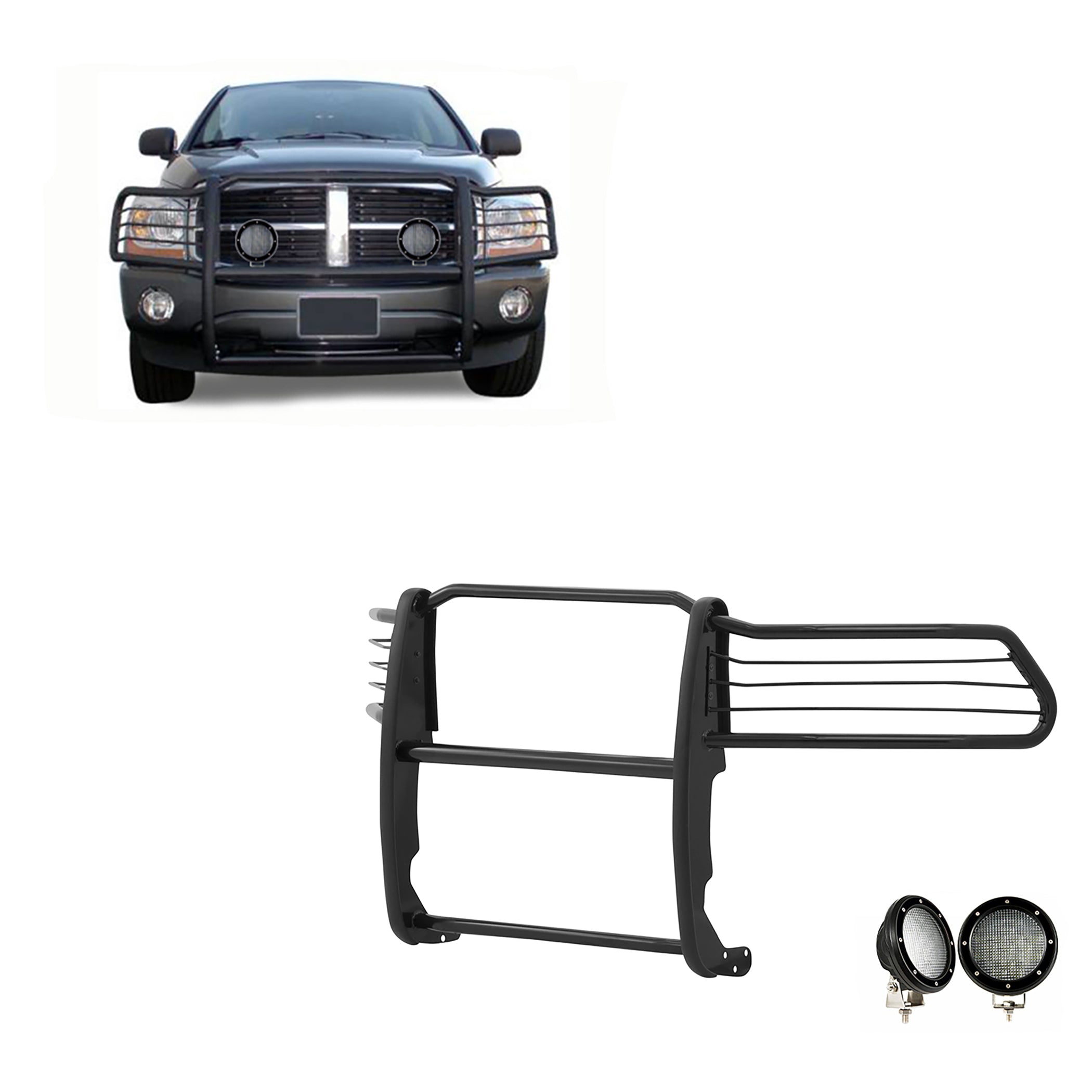 1994-2002 Dodge Ram Ram 1500 Grille Guard Kit Modular Pair of 5.3" Dia. LED Flood Lights w/ Black Trim Rings Wiring Harness and Switch | Black Horse Off Road - Image 1