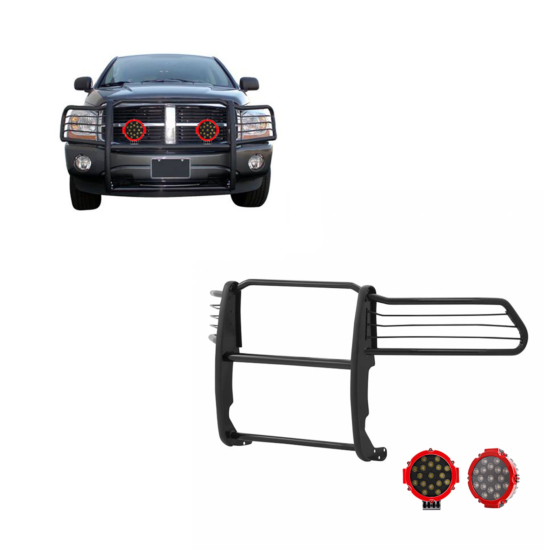 1994-2002 Dodge Ram Ram 1500 Grille Guard Kit Modular Incl. pair of 7.0"Dia. LED Lights w/Red Trim Rings w/ Wiring Harness and Switch | Black Horse Off Road - Image 1