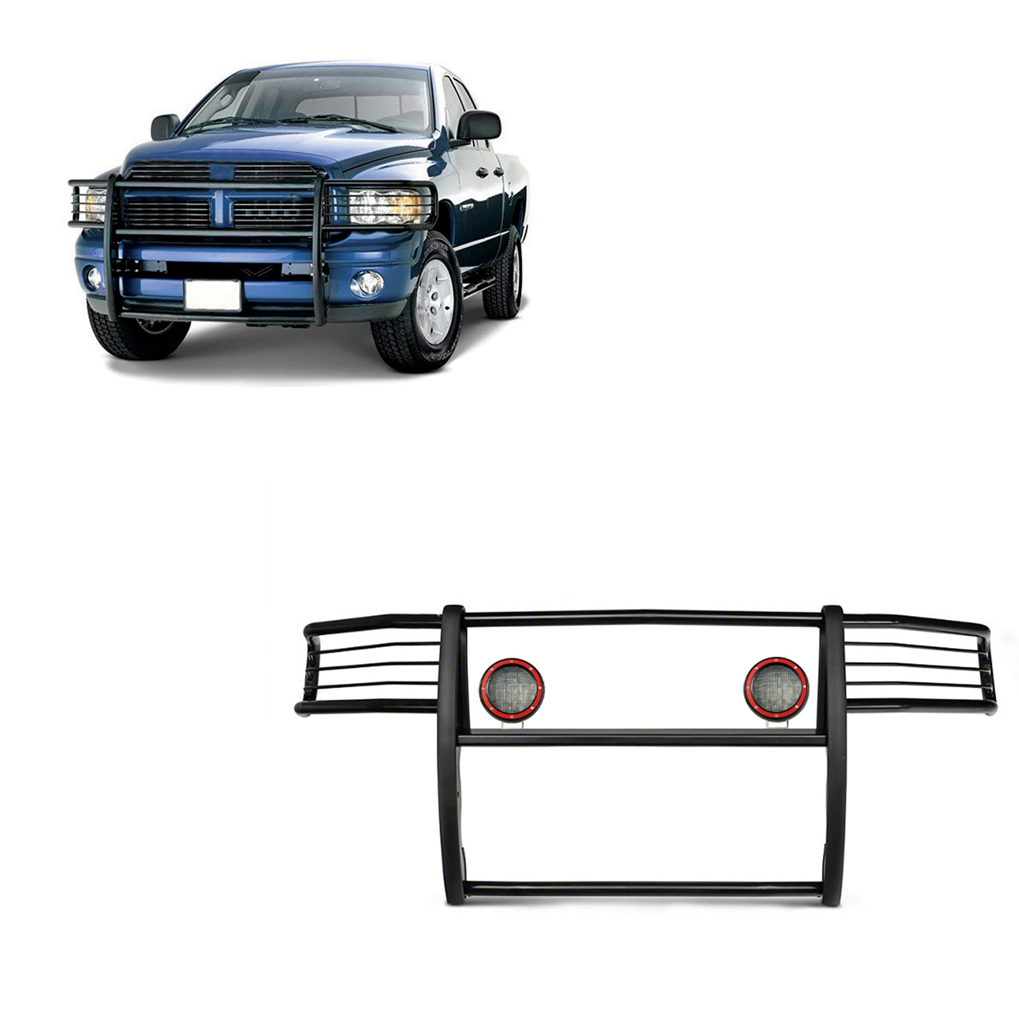 2003-2005 Dodge Ram Ram 1500 Grille Guard Kit Modular Pair of 5.3" Dia. LED Flood Lights w/ Red Trim Rings Wiring Harness and Switch | Black Horse Off Road - Image 1