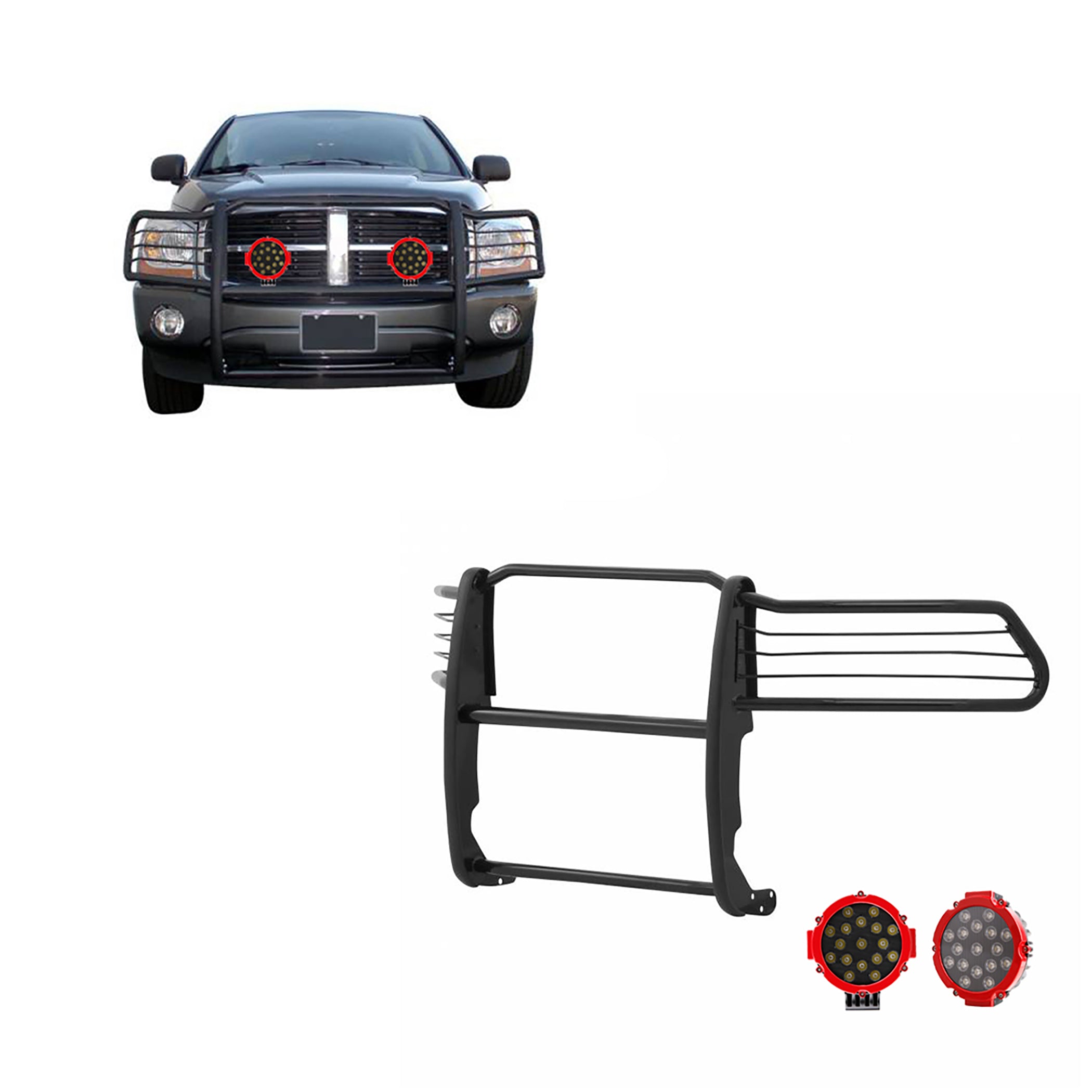 2003-2005 Dodge Ram Ram 1500 Grille Guard Kit Modular Incl. pair of 7.0"Dia. LED Lights w/Red Trim Rings w/ Wiring Harness and Switch | Black Horse Off Road - Image 1