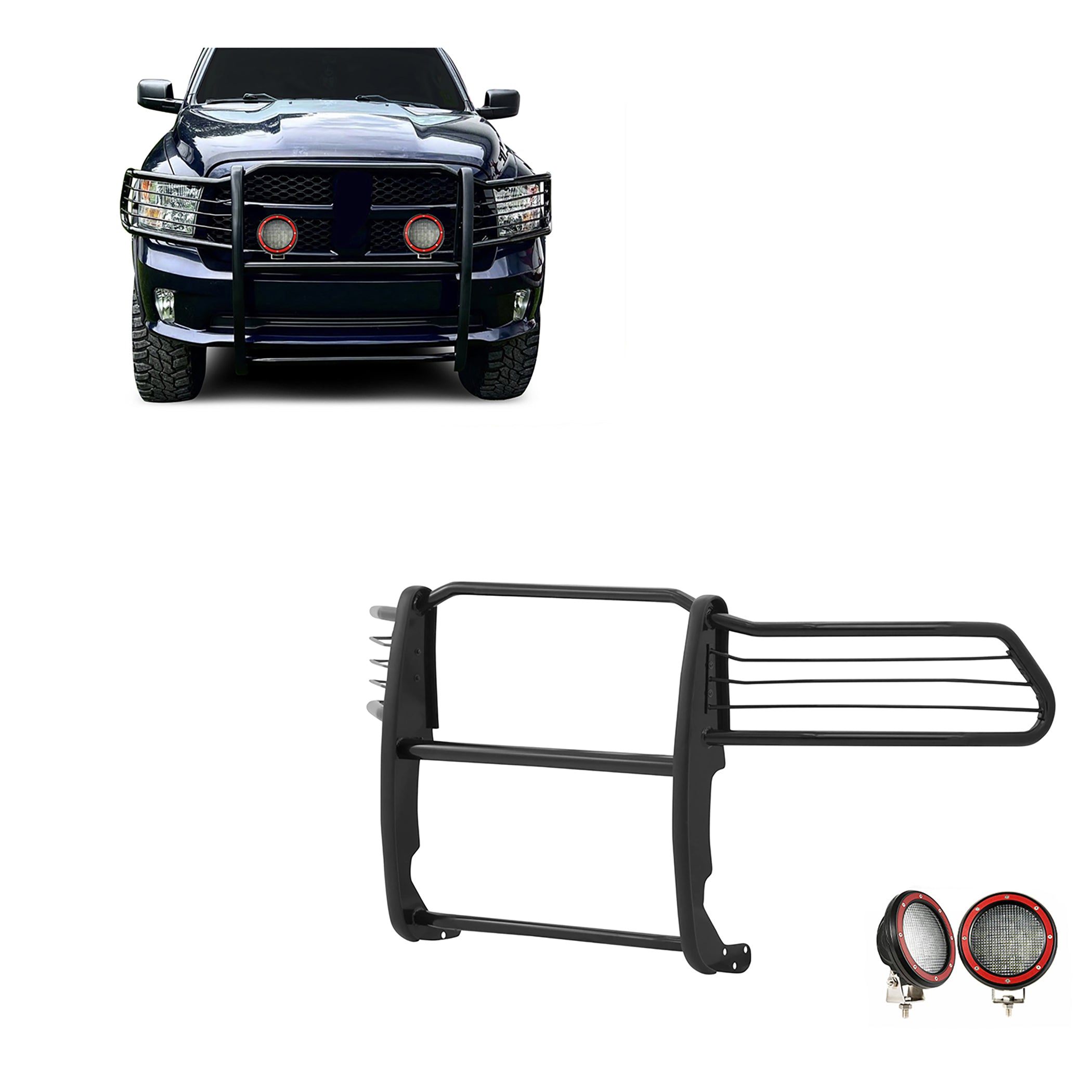 2009-2024 Dodge Ram 1500 Grille Guard Kit Modular Pair of 5.3" Dia. LED Flood Lights w/ Red Trim Rings Wiring Harness and Switch | Black Horse Off Road - Image 1