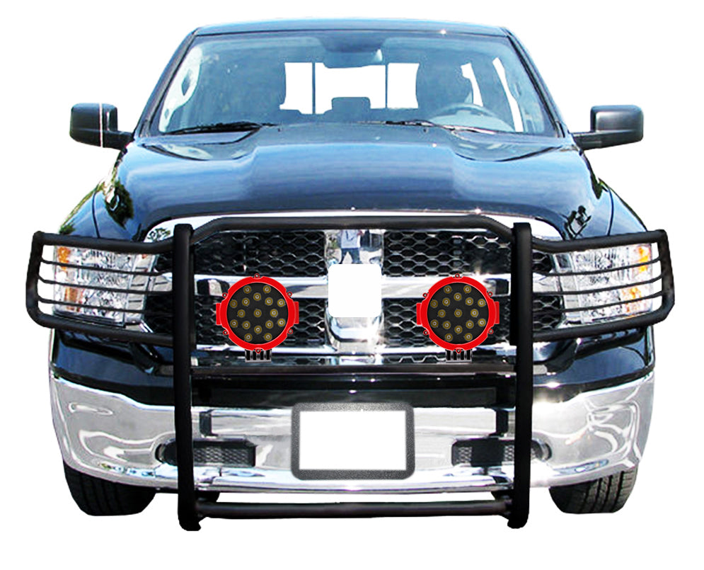 2009-2024 Dodge Ram 1500 Grille Guard Kit Modular Incl. pair of 7.0"Dia. LED Lights w/Red Trim Rings w/ Wiring Harness and Switch | Black Horse Off Road - Image 4