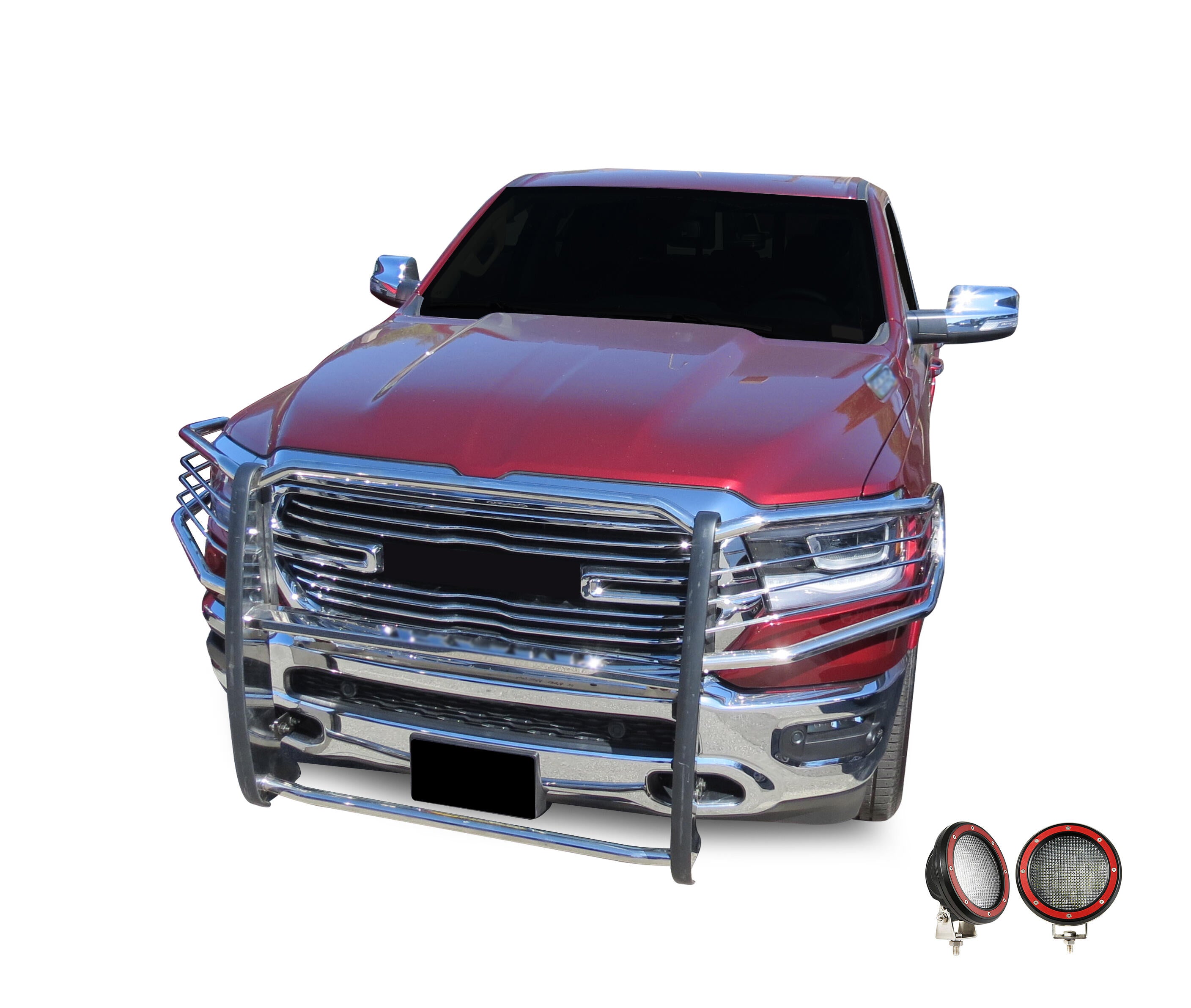 2019-2025 Dodge Ram 1500 Grille Guard Kit Modular Pair of 5.3" Dia. LED Flood Lights w/ Red Trim Rings Wiring Harness and Switch | Black Horse Off Road - Image 8
