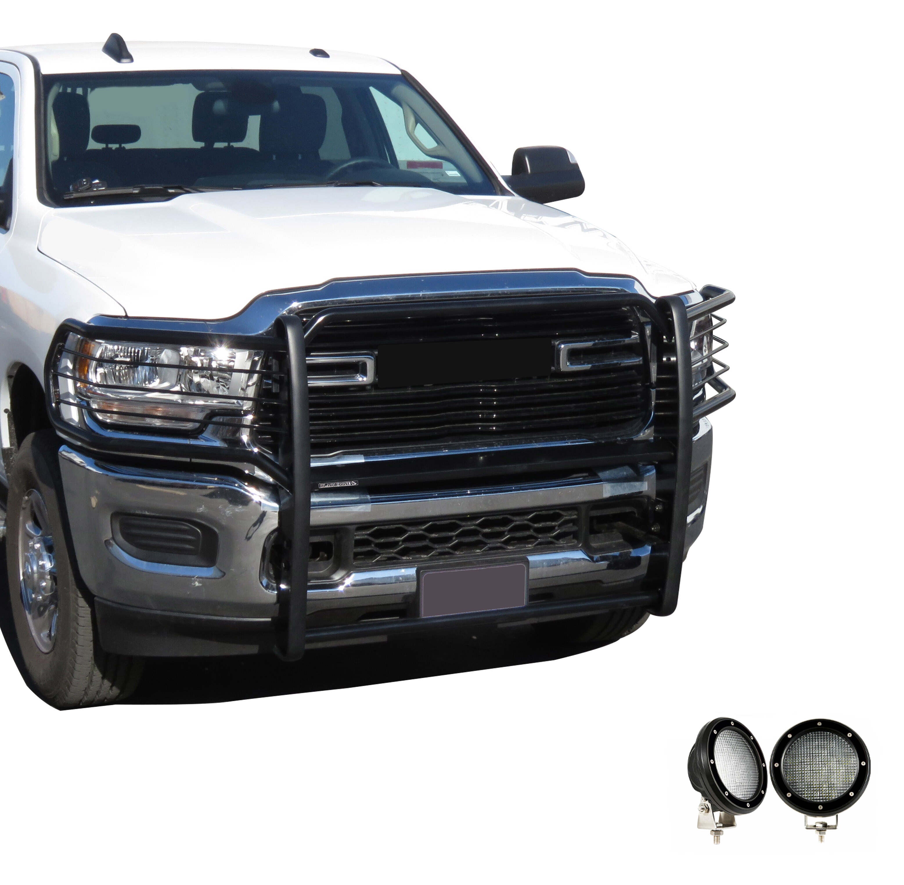 2019-2024 Dodge Ram 2500 Grille Guard Kit Modular Pair of 5.3" Dia. LED Flood Lights w/ Black Trim Rings Wiring Harness and Switch | Black Horse Off Road - Image 8