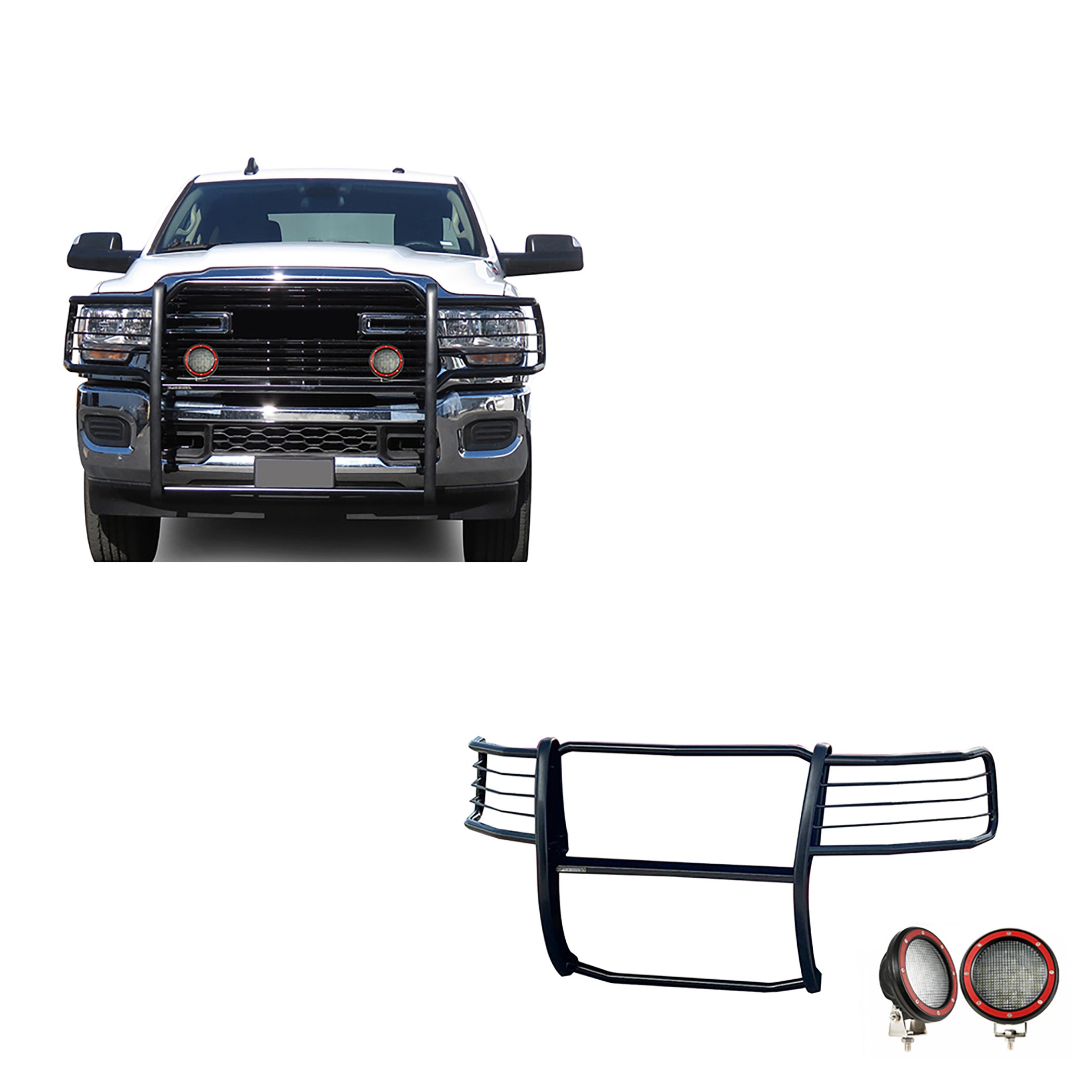 2019-2024 Dodge Ram 2500 Grille Guard Kit Modular Pair of 5.3" Dia. LED Flood Lights w/ Red Trim Rings Wiring Harness and Switch | Black Horse Off Road - Image 1