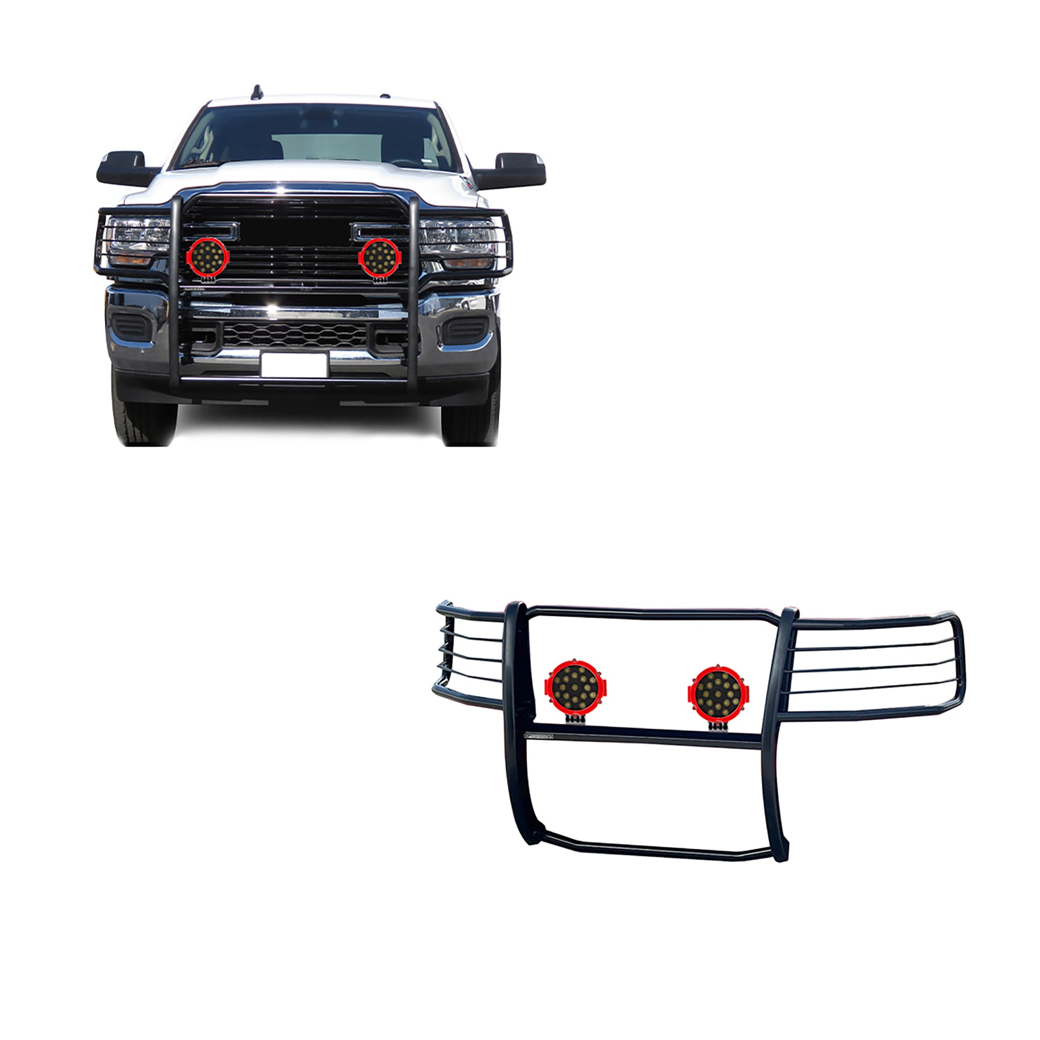 2019-2024 Dodge Ram 2500 Grille Guard Kit Modular Incl. pair of 7.0"Dia. LED Lights w/Red Trim Rings w/ Wiring Harness and Switch | Black Horse Off Road - Image 1