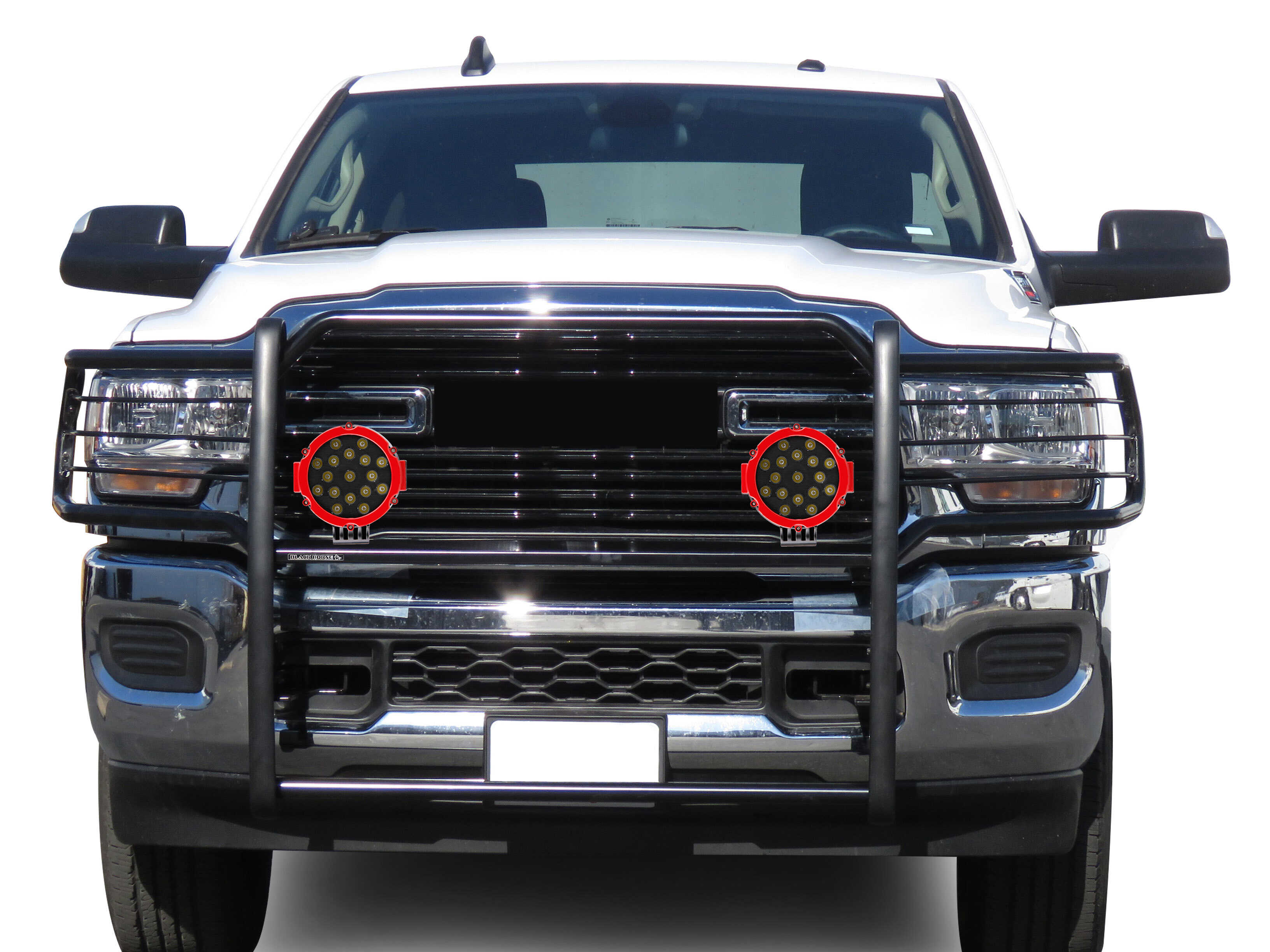 2019-2024 Dodge Ram 2500 Grille Guard Kit Modular Incl. pair of 7.0"Dia. LED Lights w/Red Trim Rings w/ Wiring Harness and Switch | Black Horse Off Road - Image 10