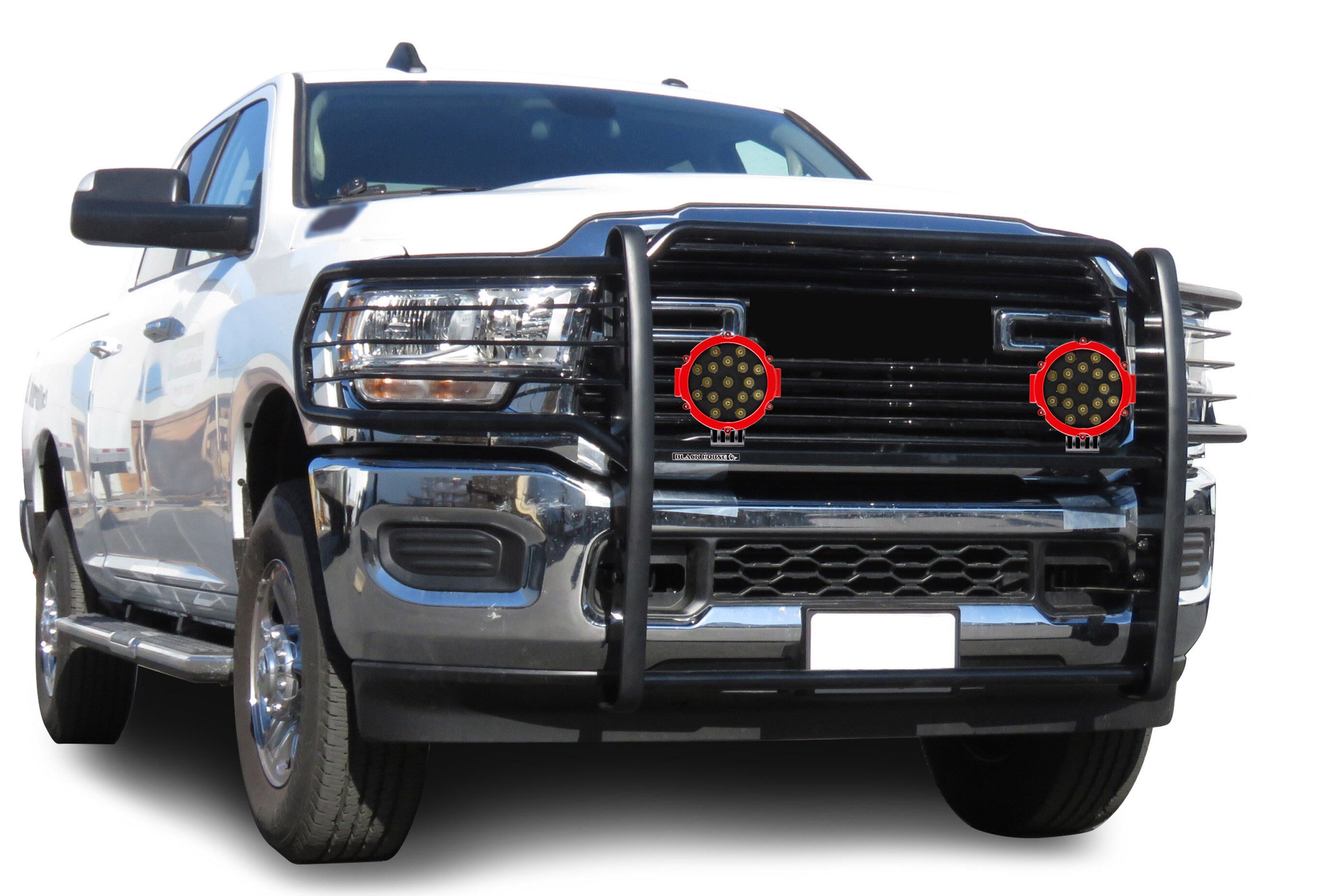 2019-2024 Dodge Ram 2500 Grille Guard Kit Modular Incl. pair of 7.0"Dia. LED Lights w/Red Trim Rings w/ Wiring Harness and Switch | Black Horse Off Road - Image 9