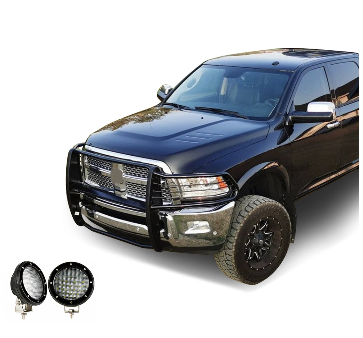 2010-2018 Dodge Ram 2500 Grille Guard Kit Modular Pair of 5.3" Dia. LED Flood Lights w/ Black Trim Rings Wiring Harness and Switch | Black Horse Off Road - Image 7
