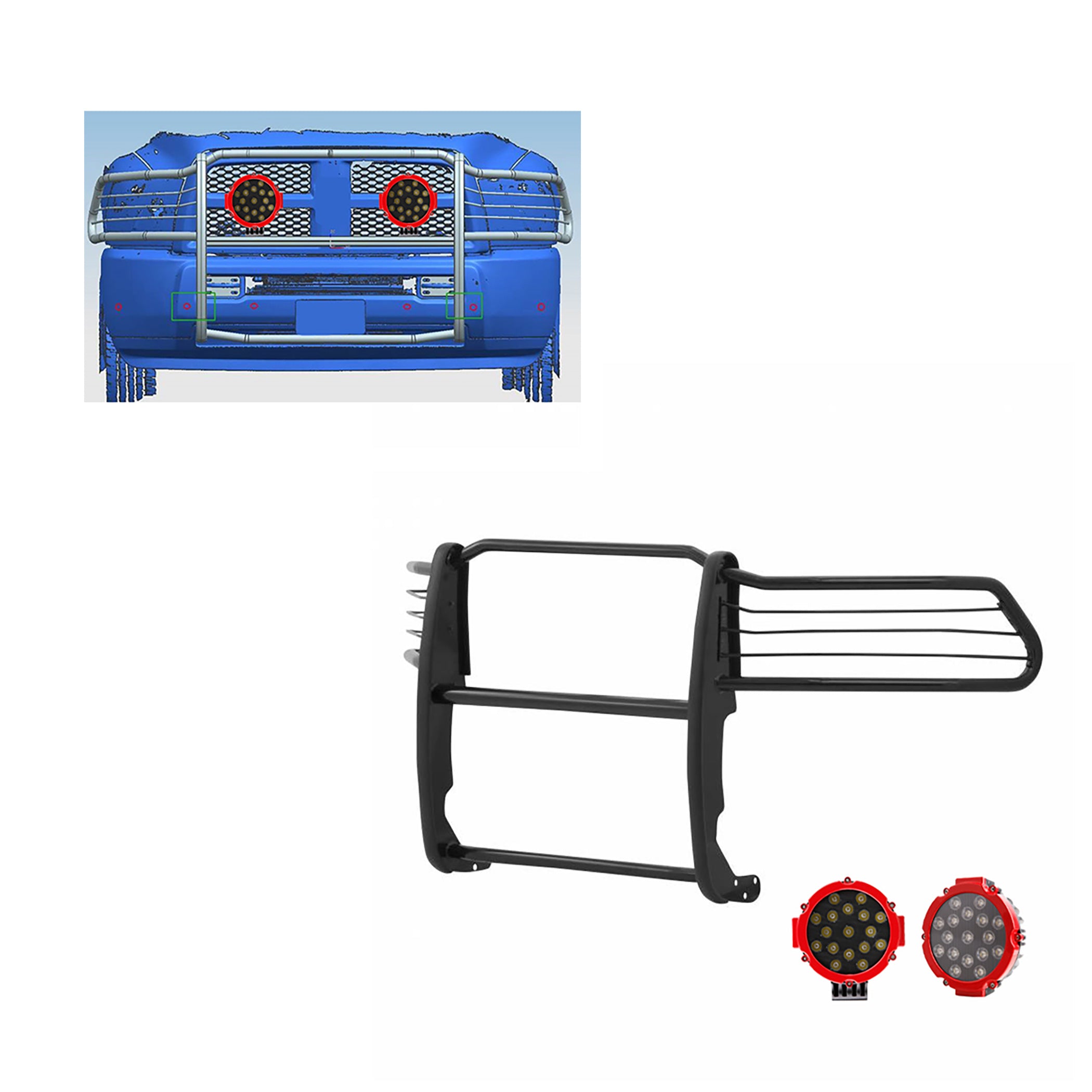 2010-2018 Dodge Ram 2500 Grille Guard Kit Modular Incl. pair of 7.0"Dia. LED Lights w/Red Trim Rings w/ Wiring Harness and Switch | Black Horse Off Road - Image 5