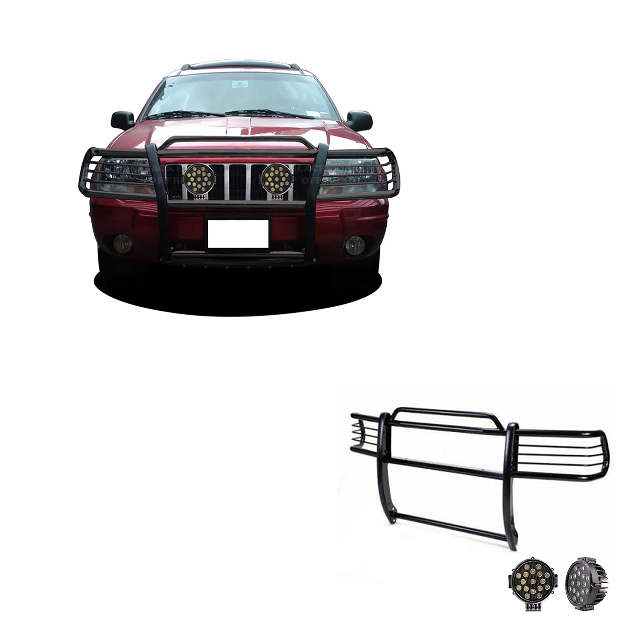 1999-2004 Jeep Grand Cherokee Grille Guard Kit Modular Incl. pair of 7.0"Dia. LED Lights w/ Black Trim Rings w/ Wiring Harness and Switch | Black Horse Off Road - Image 1