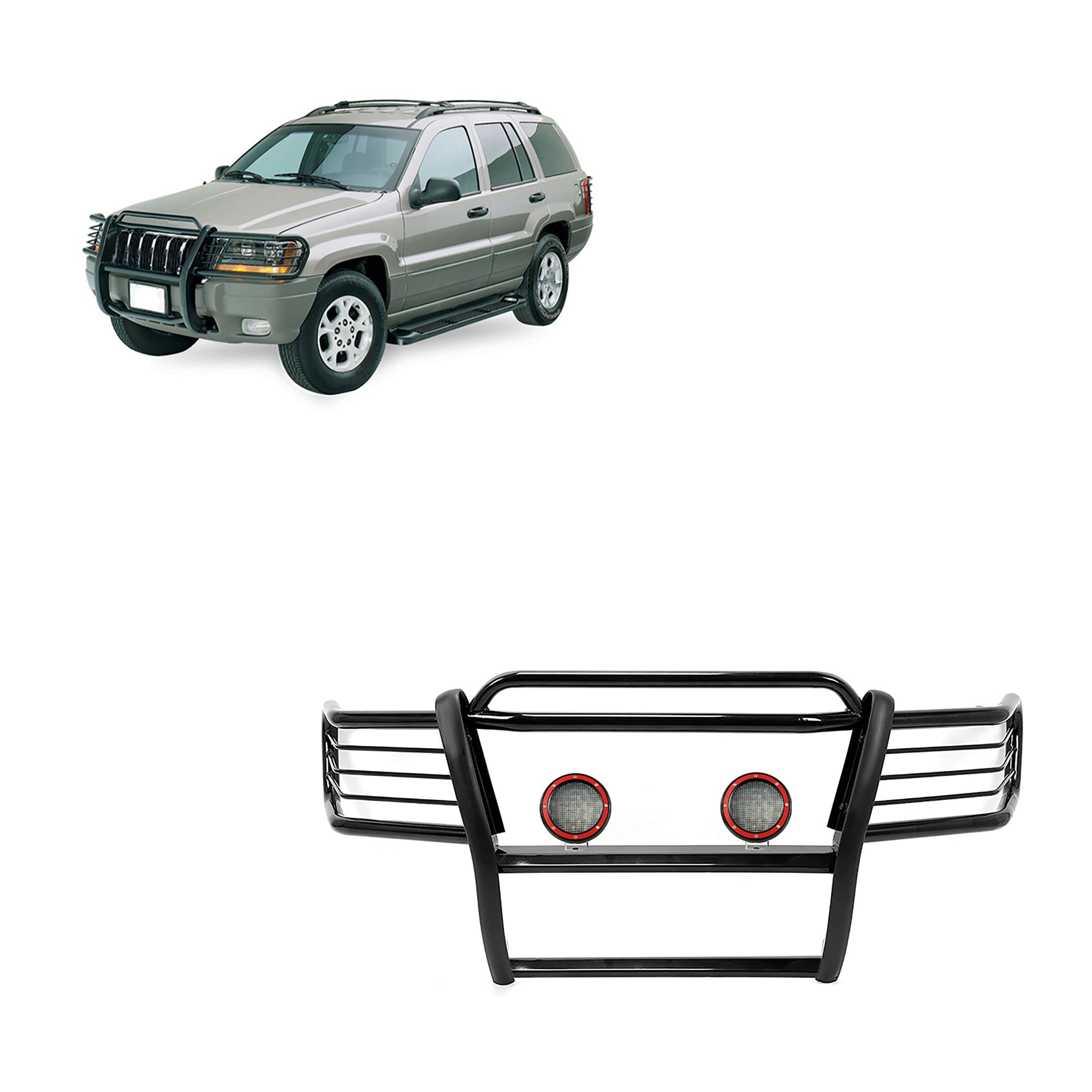 1999-2004 Jeep Grand Cherokee Grille Guard Kit Modular Pair of 5.3" Dia. LED Flood Lights w/ Red Trim Rings Wiring Harness and Switch | Black Horse Off Road - Image 1