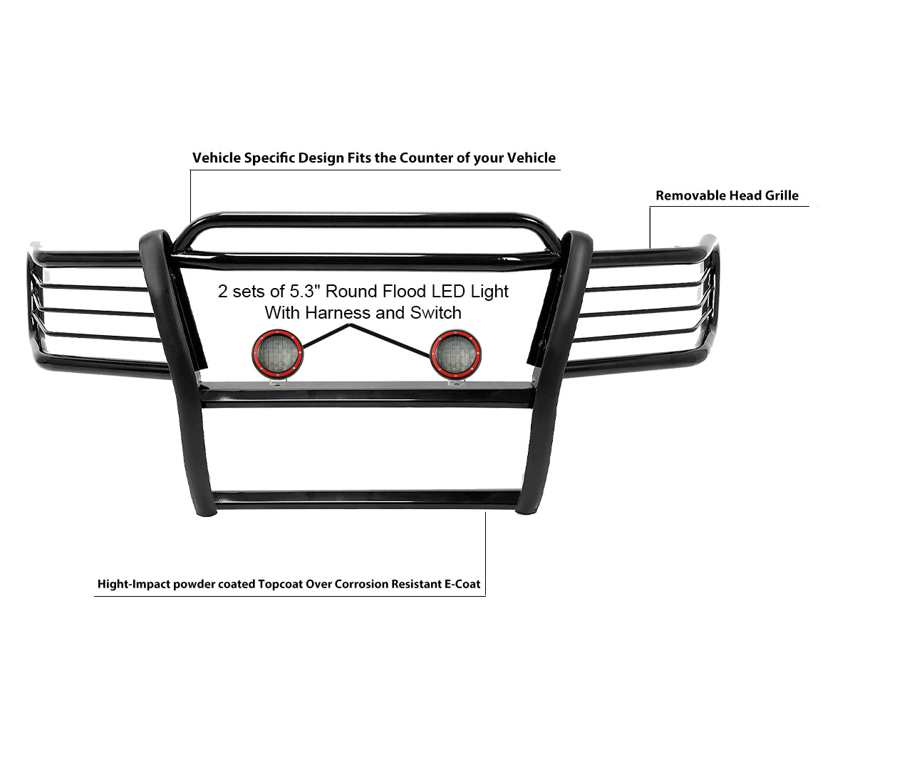 1999-2004 Jeep Grand Cherokee Grille Guard Kit Modular Pair of 5.3" Dia. LED Flood Lights w/ Red Trim Rings Wiring Harness and Switch | Black Horse Off Road - Image 8