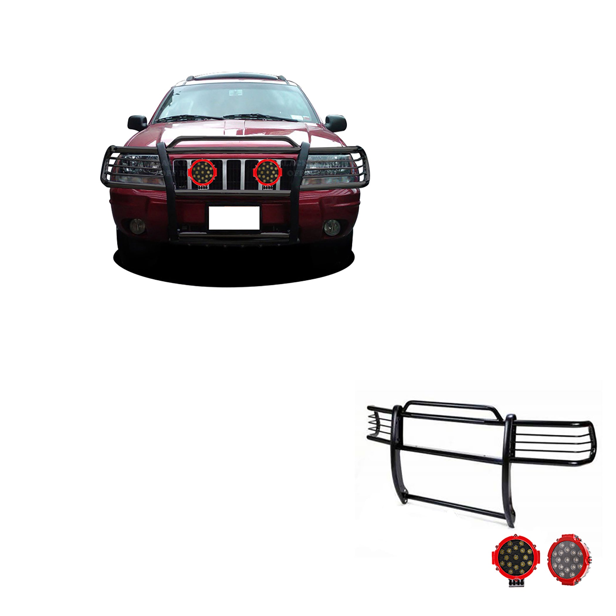 1999-2004 Jeep Grand Cherokee Grille Guard Kit Modular Incl. pair of 7.0"Dia. LED Lights w/Red Trim Rings w/ Wiring Harness and Switch | Black Horse Off Road - Image 1