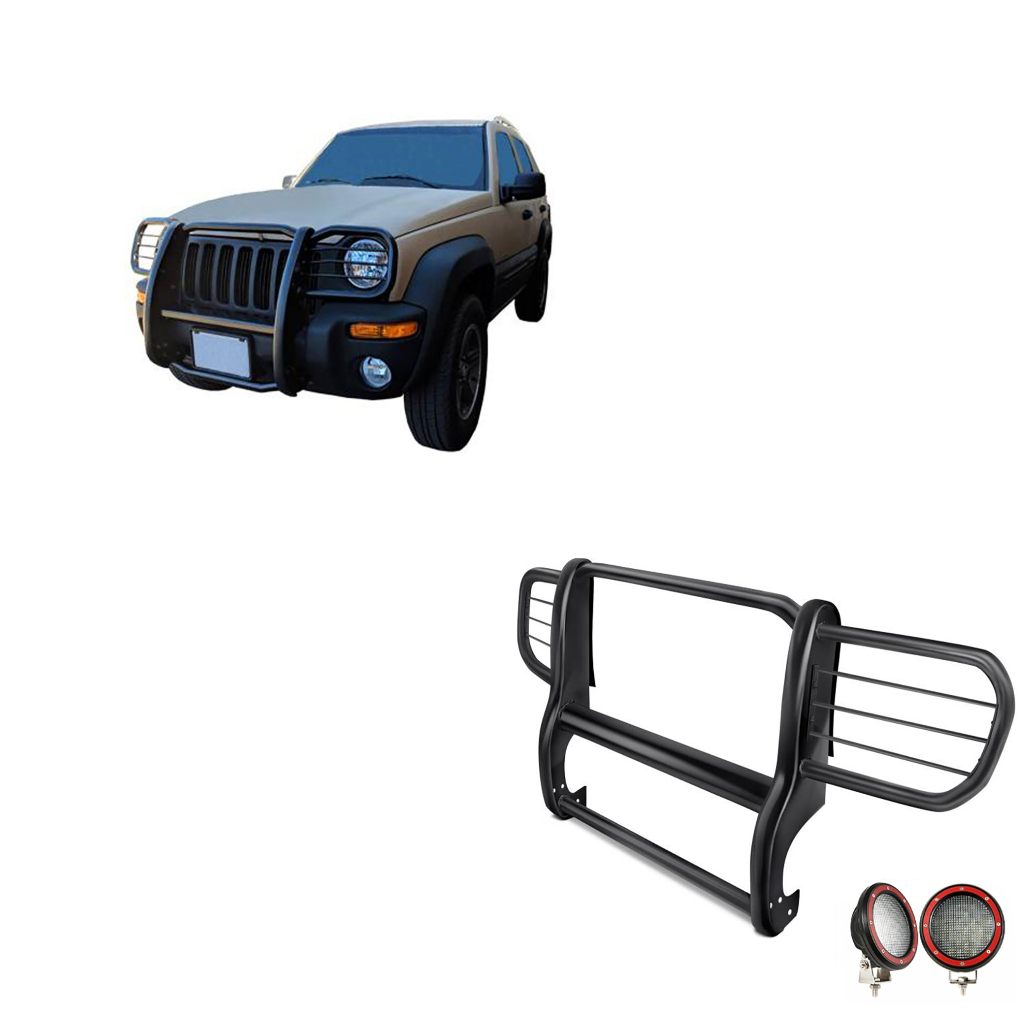 2002-2007 Jeep Liberty Grille Guard Kit Modular Pair of 5.3" Dia. LED Flood Lights w/ Red Trim Rings Wiring Harness and Switch | Black Horse Off Road - Image 1