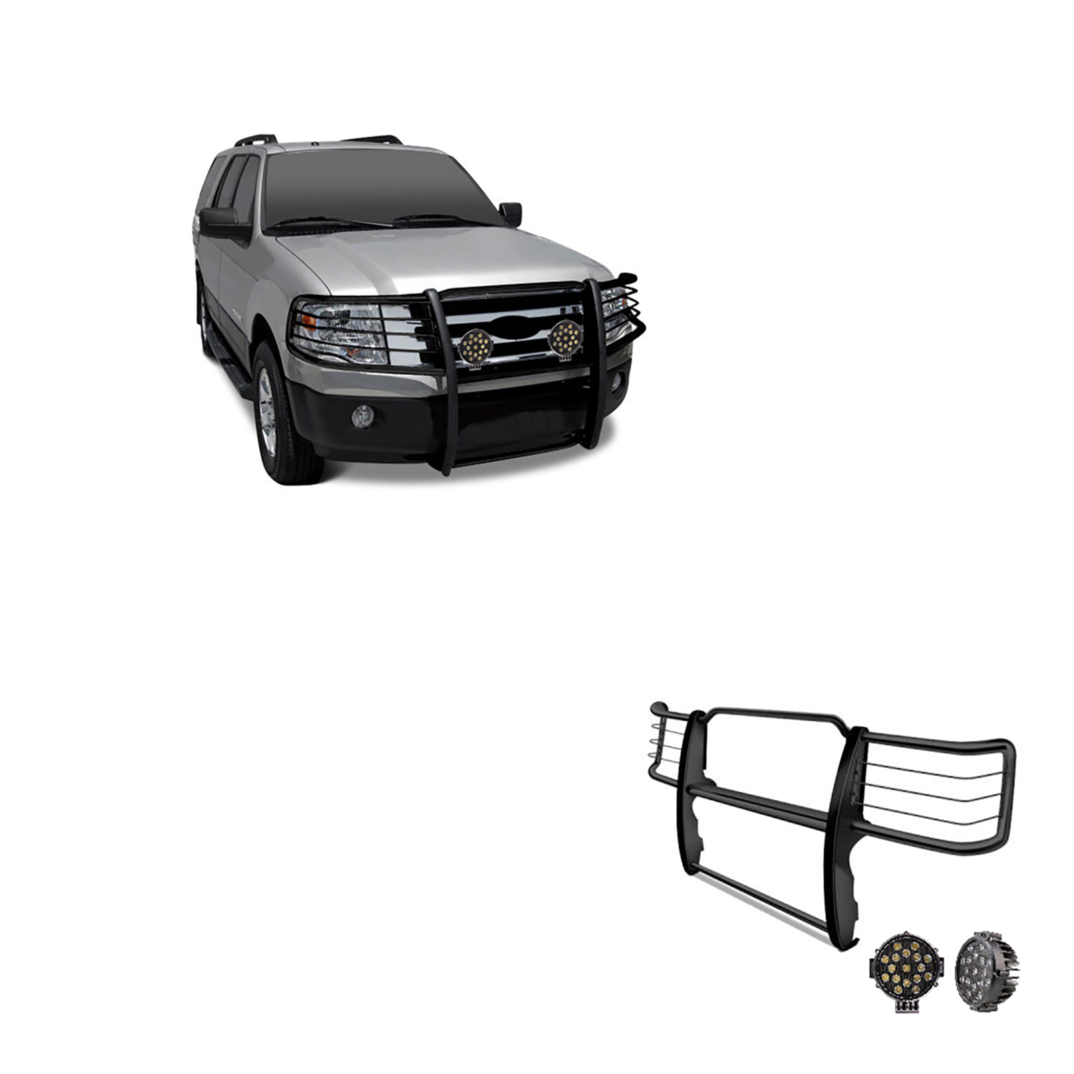 1995-2001 Ford Explorer / Mercury Mountaineer Grille Guard Kit Modular Incl. pair of 7.0"Dia. LED Lights w/ Black Trim Rings w/ Wiring Harness and Switch | Black Horse Off Road - Image 1