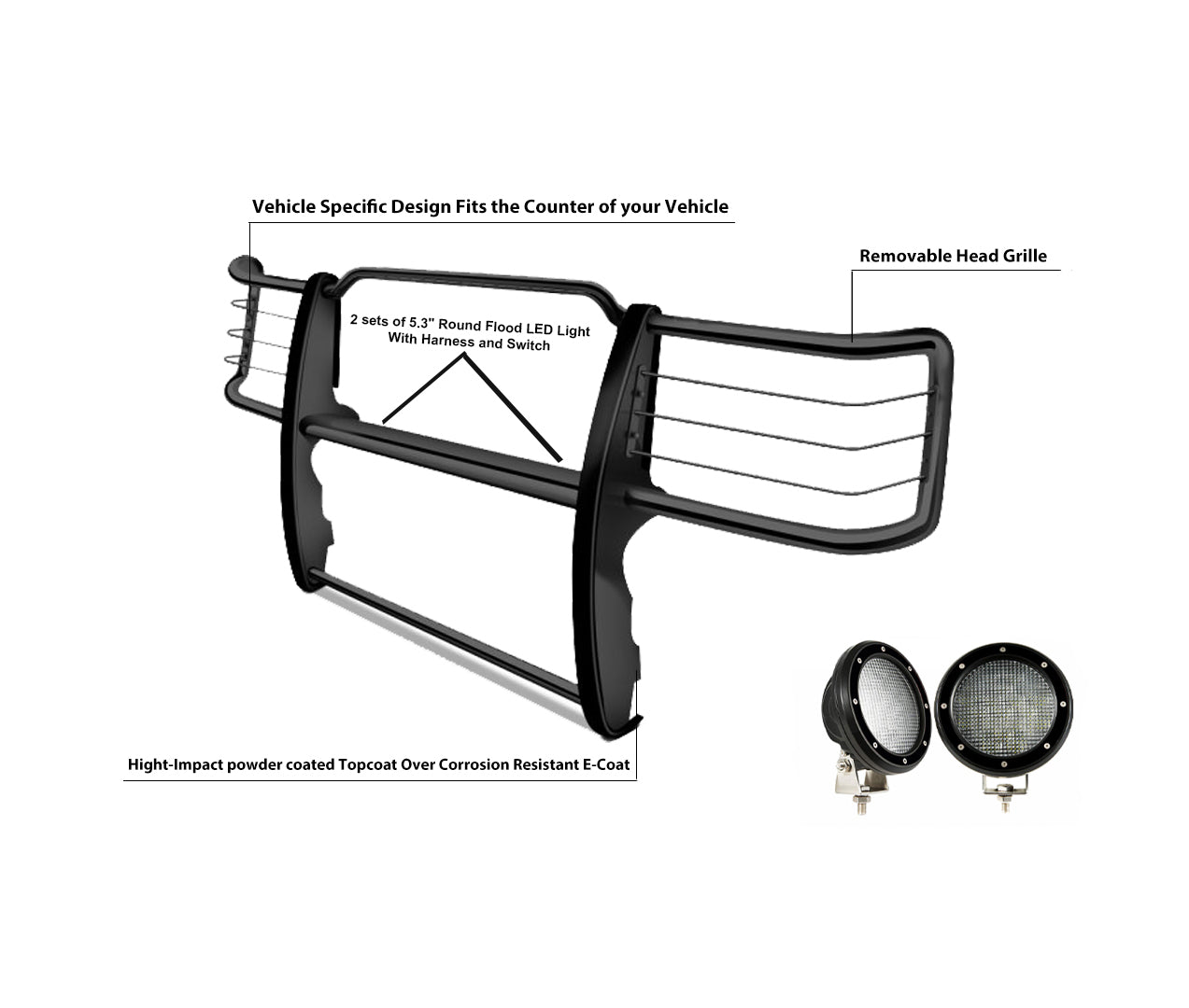 1995-2001 Ford Explorer / Mercury Mountaineer Grille Guard Kit Modular Pair of 5.3" Dia. LED Flood Lights w/ Black Trim Rings Wiring Harness and Switch | Black Horse Off Road - Image 9