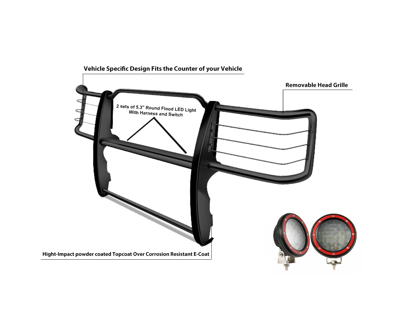 1995-2001 Ford Explorer / Mercury Mountaineer Grille Guard Kit Modular Pair of 5.3" Dia. LED Flood Lights w/ Red Trim Rings Wiring Harness and Switch | Black Horse Off Road - Image 9
